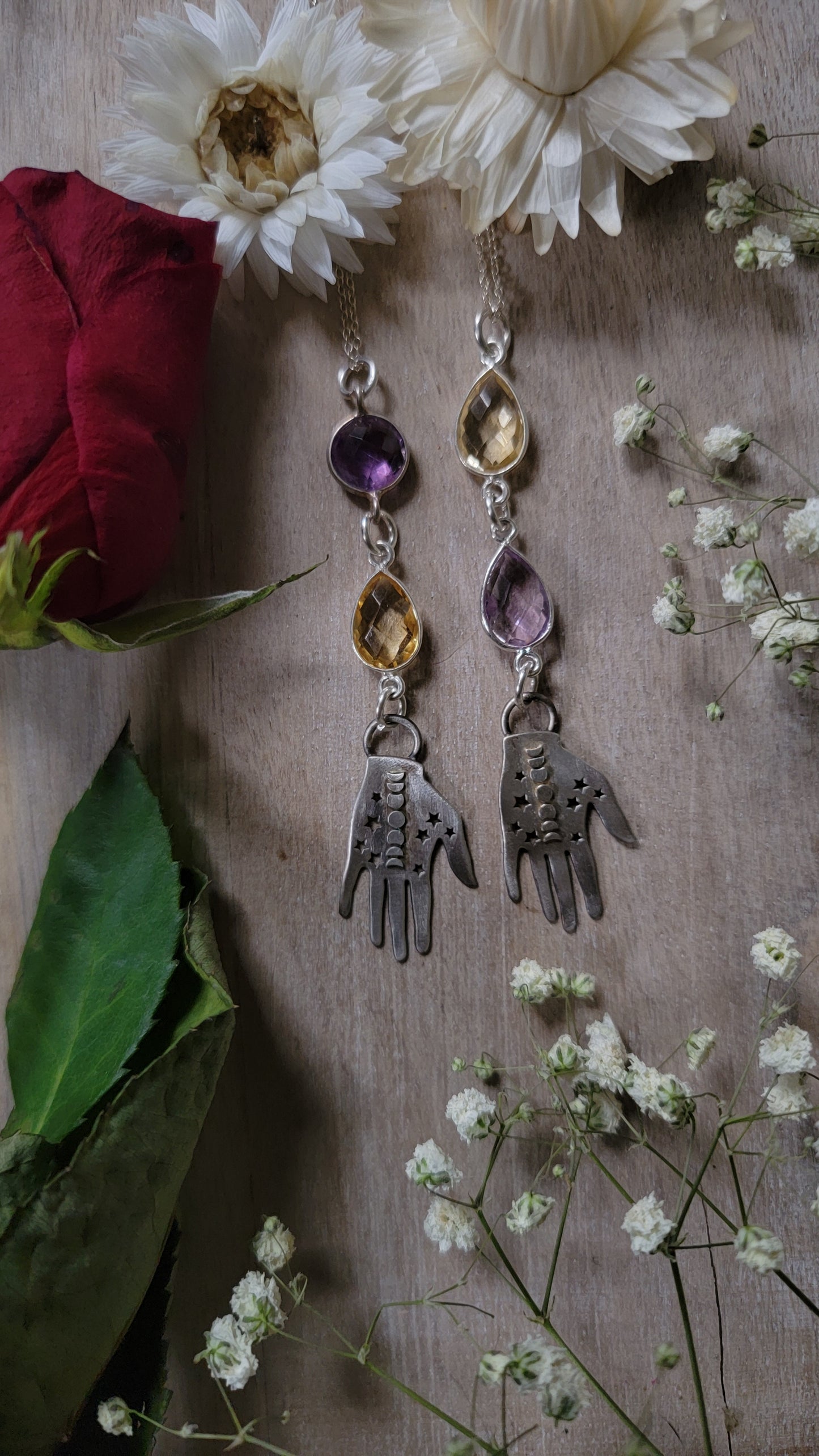 **pre-order** left handed palmistry necklace with amethyst and citrine