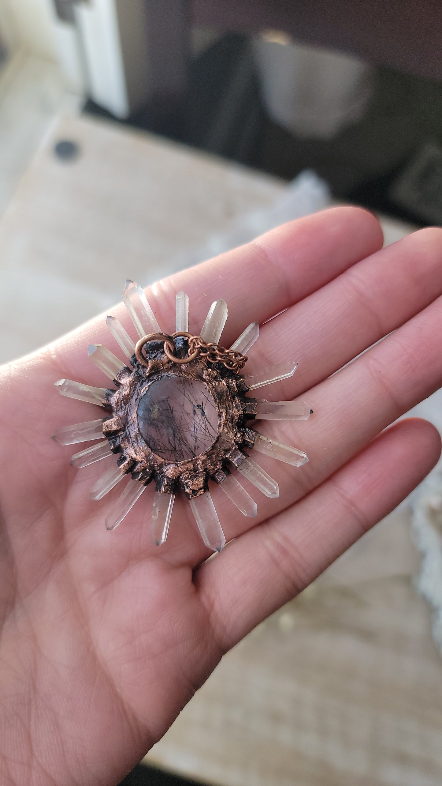 Tourmalinated Quartz Copper Sun Necklace