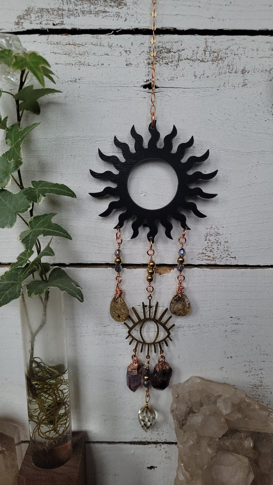Sun Ray Wall Hanging with Eye, Citrine, Amethyst, and Rutile