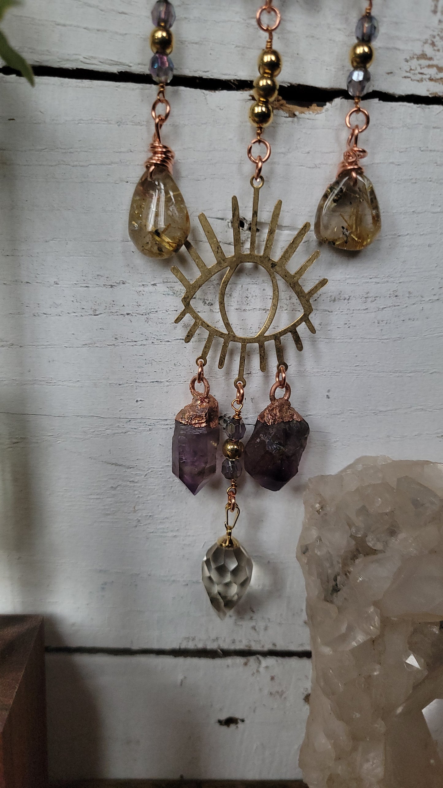 Sun Ray Wall Hanging with Eye, Citrine, Amethyst, and Rutile