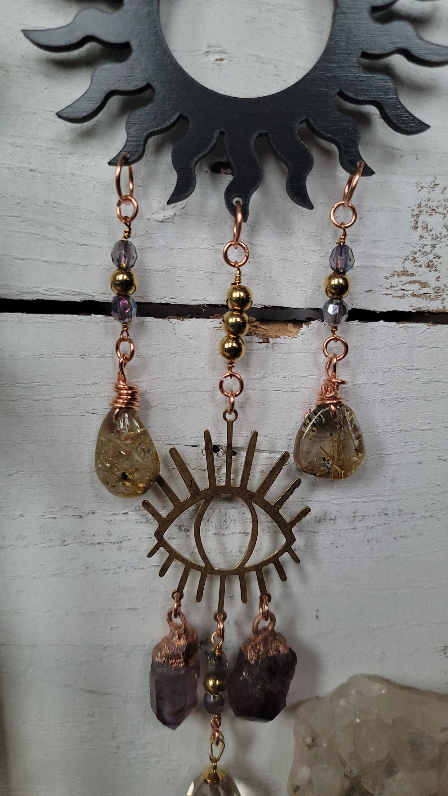 Sun Ray Wall Hanging with Eye, Citrine, Amethyst, and Rutile