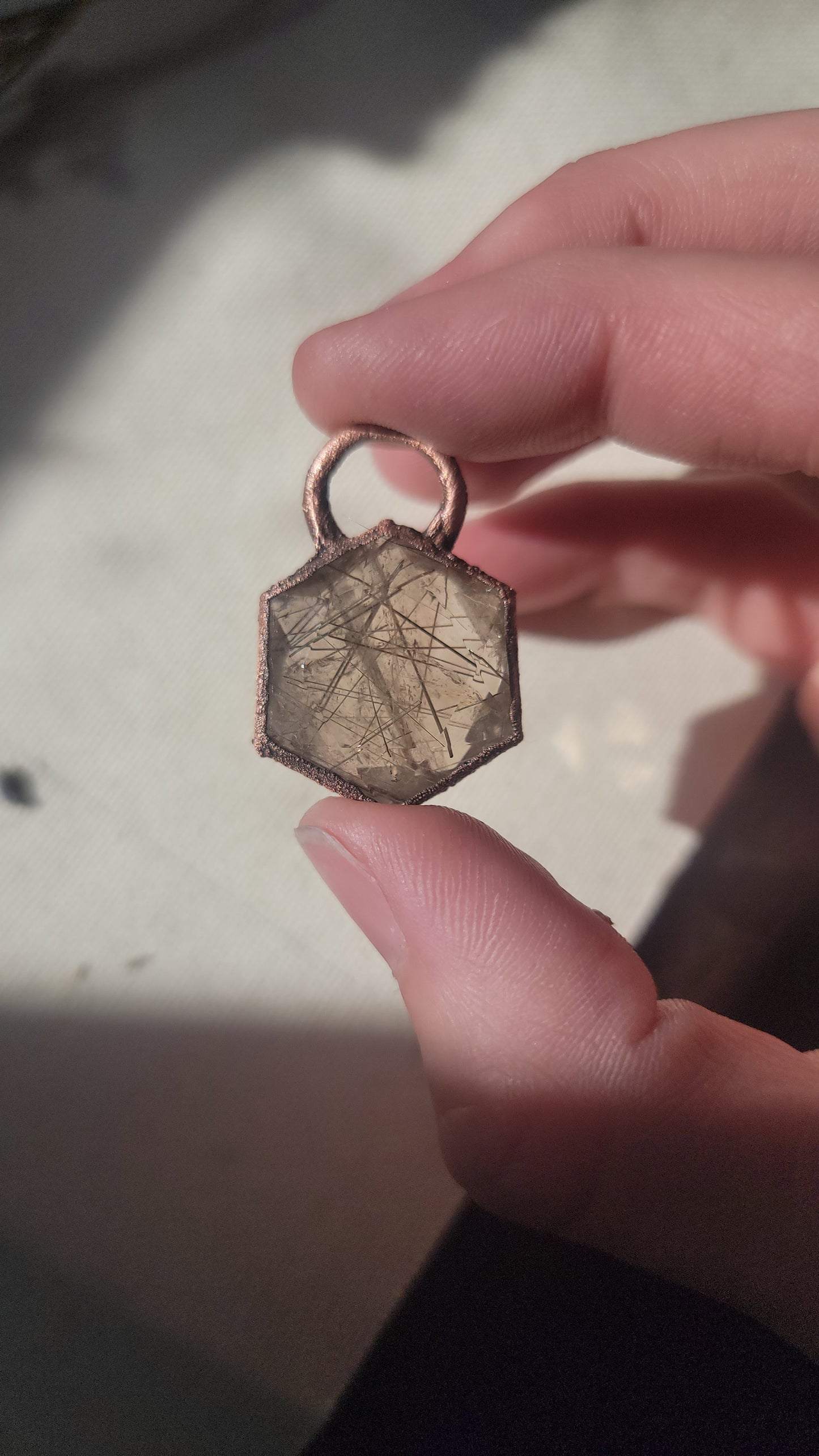 Rutilated Quartz Hexagon Copper Necklace
