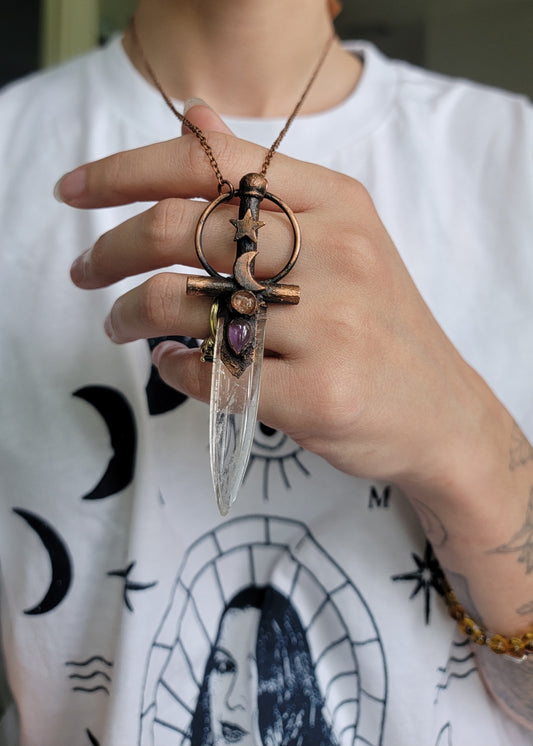 Celestial Warrior Copper Pendant: Quartz with Amethyst and Sunstone