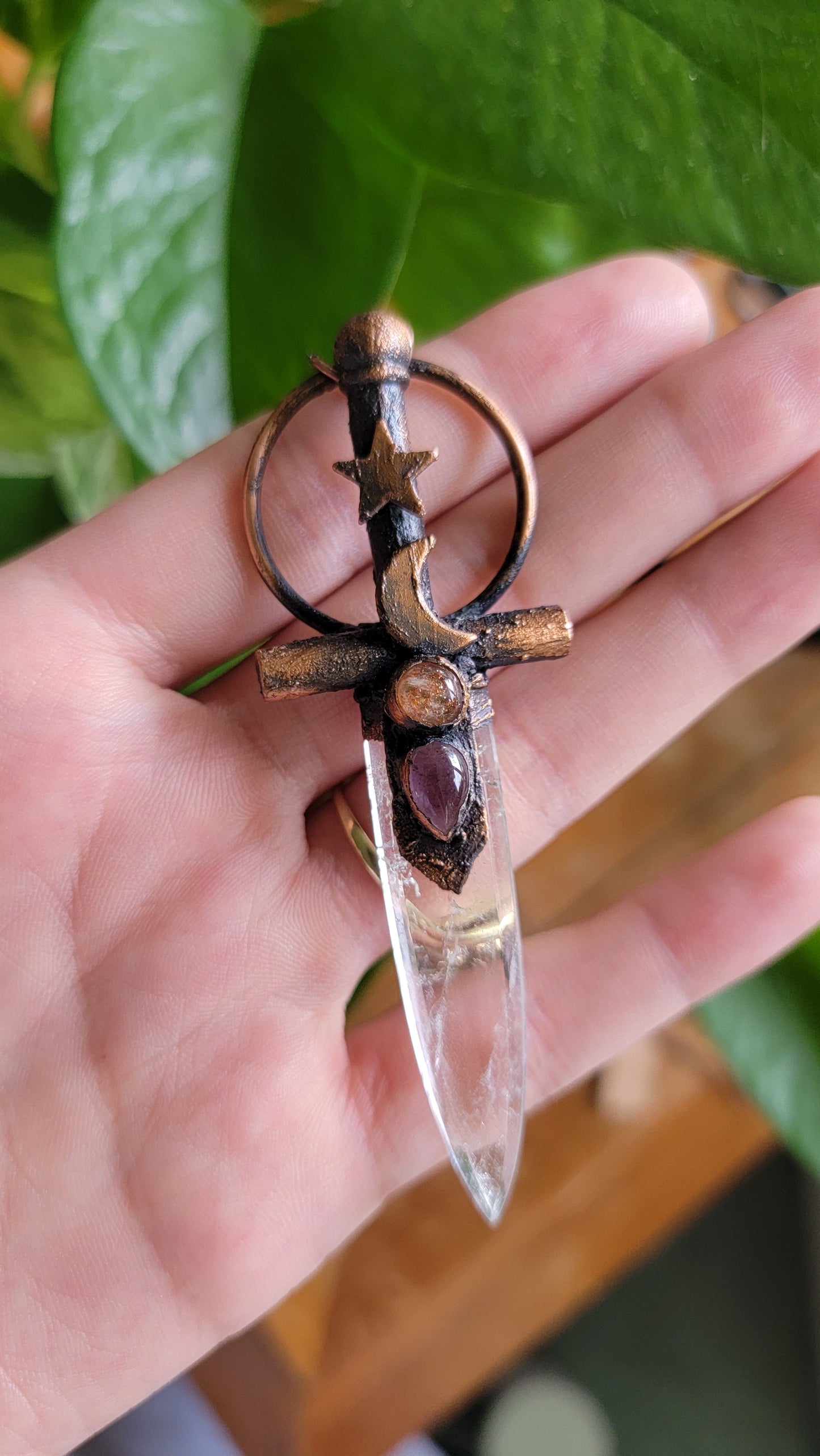 Celestial Warrior Copper Pendant: Quartz with Amethyst and Sunstone