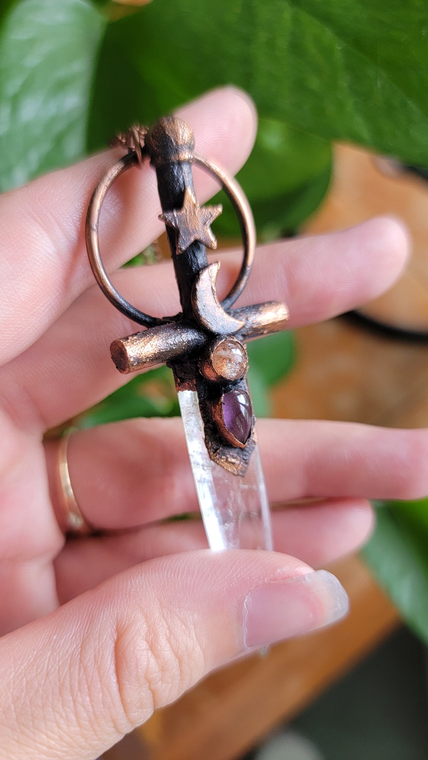 Celestial Warrior Copper Pendant: Quartz with Amethyst and Sunstone