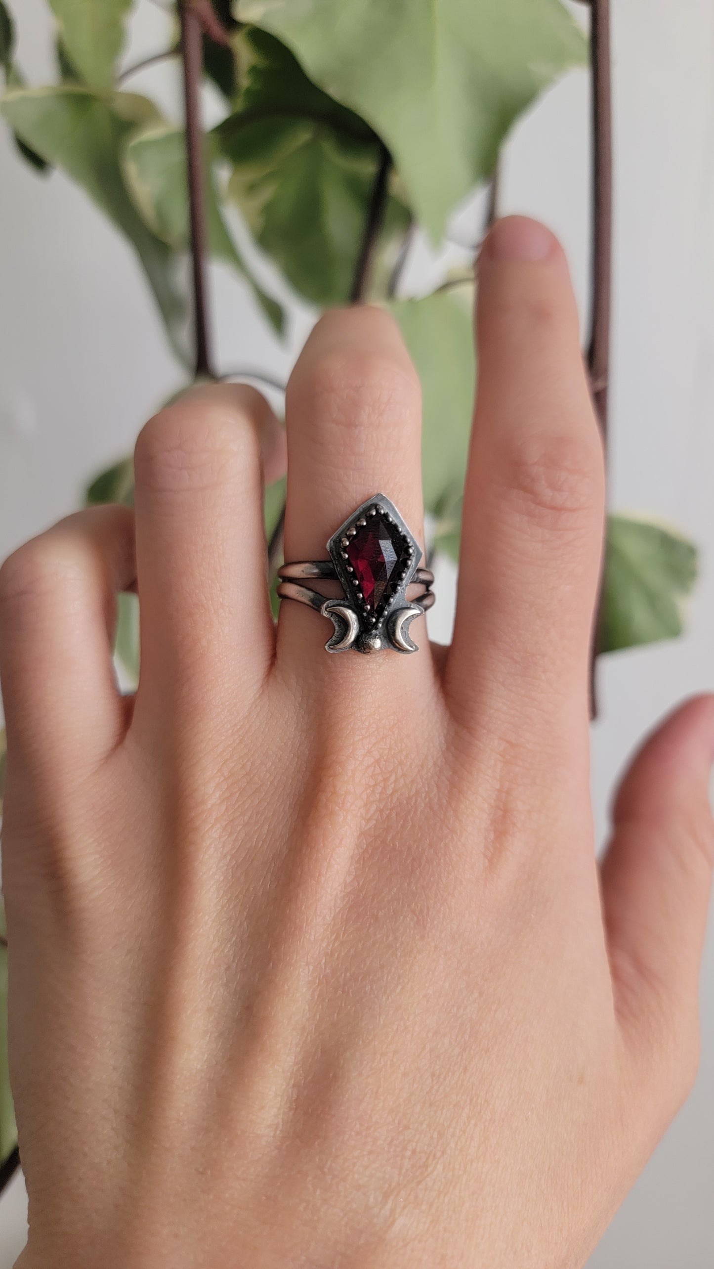 Made to order Sterling Silver Garnet and Crescent Moon Ring