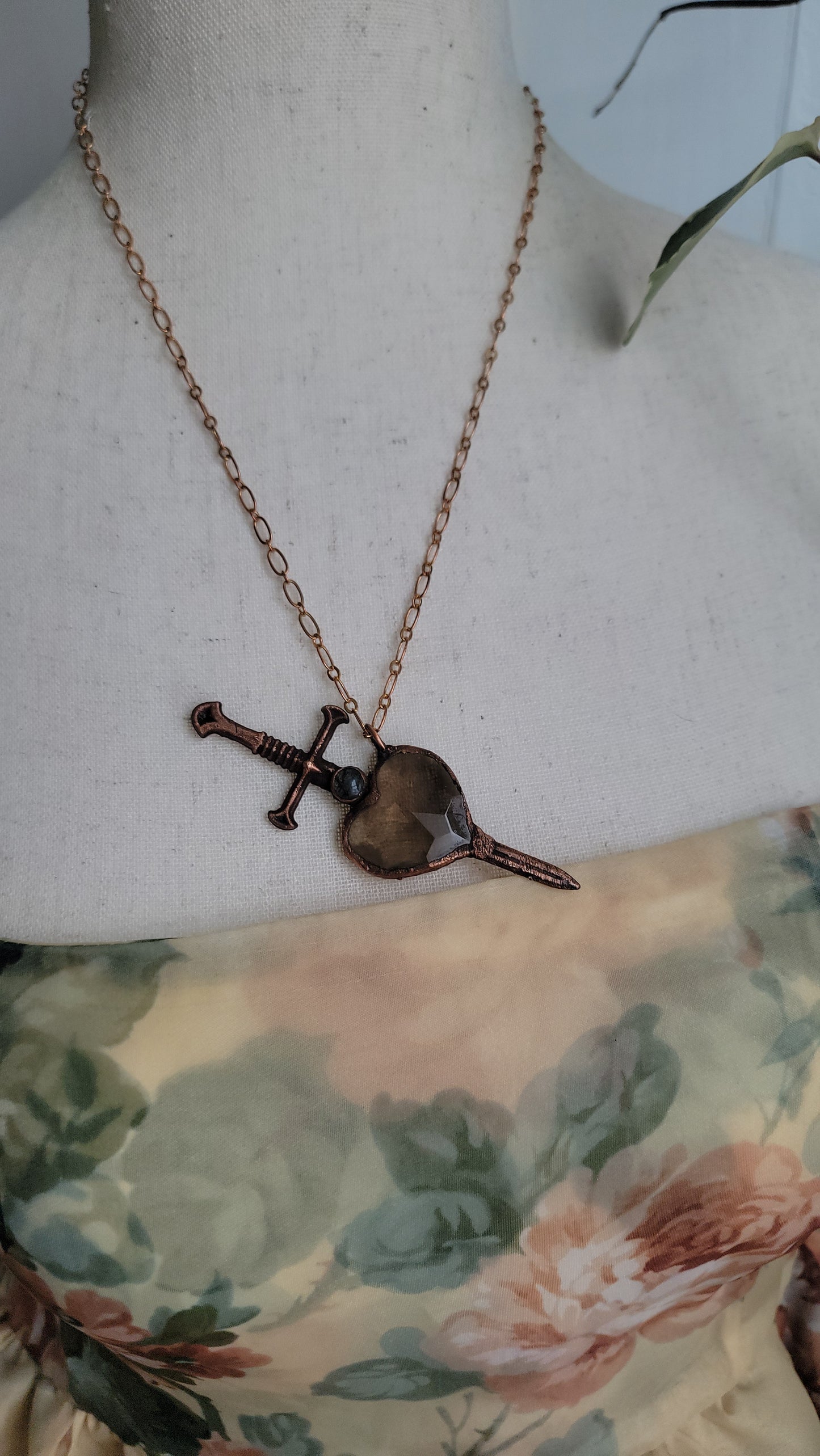 Venus Grunge: Sword Suit Faceted Heart Copper Necklace