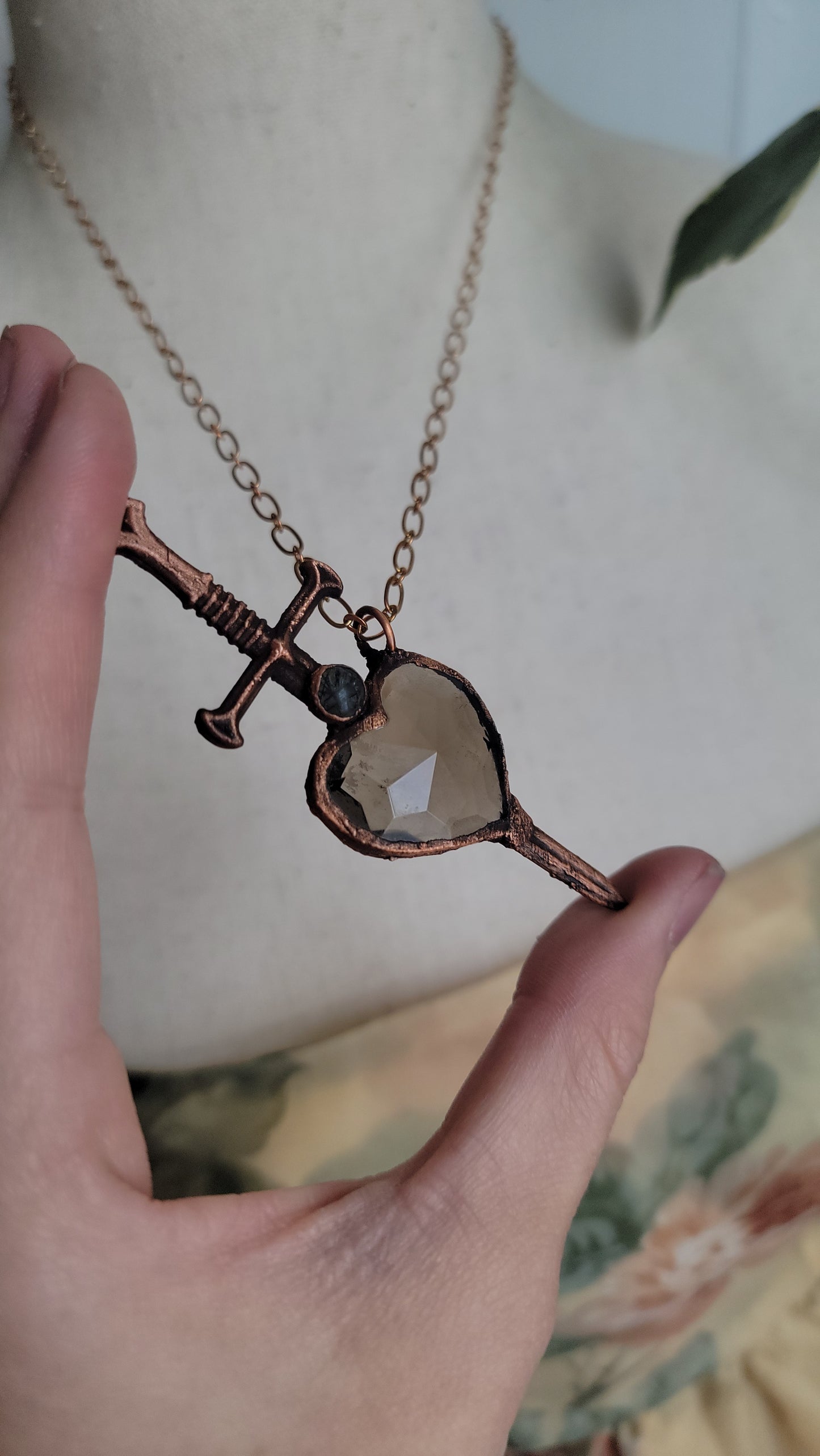 Venus Grunge: Sword Suit Faceted Heart Copper Necklace