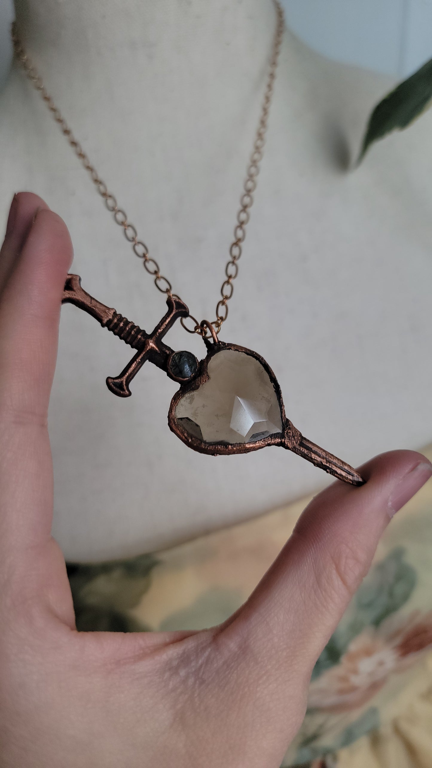 Venus Grunge: Sword Suit Faceted Heart Copper Necklace