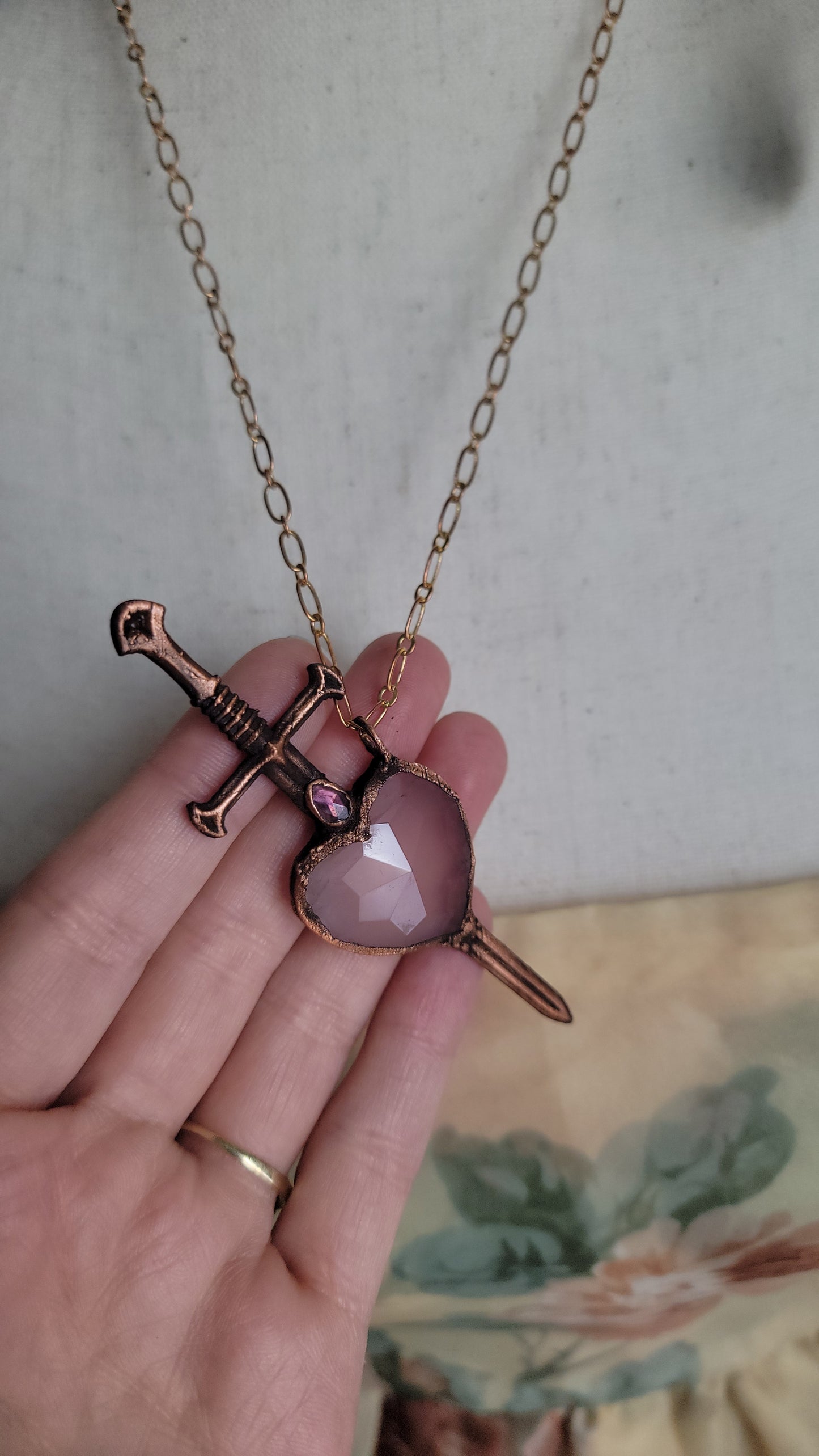 Venus Grunge: Sword Suit Faceted Heart Copper Necklace