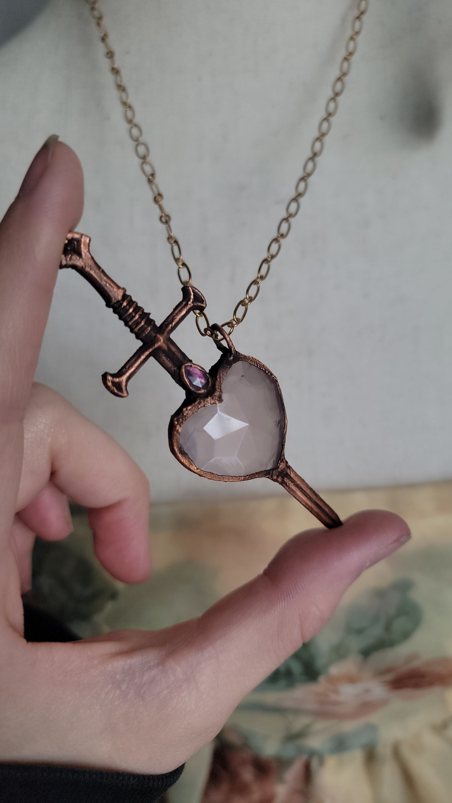 Venus Grunge: Sword Suit Faceted Heart Copper Necklace