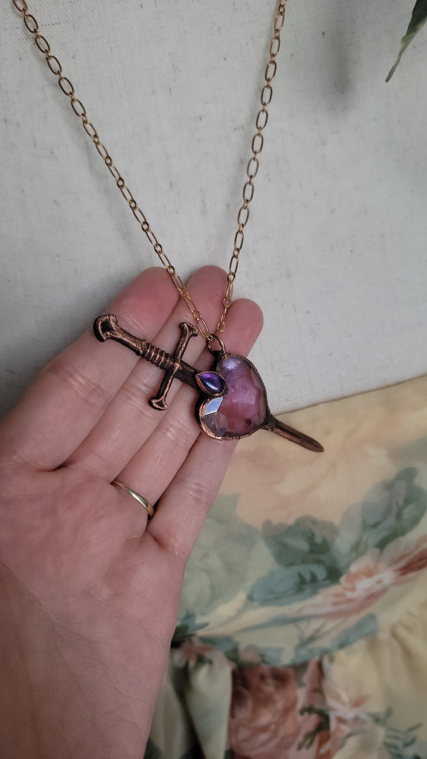 Venus Grunge: Sword Suit Faceted Heart Copper Necklace