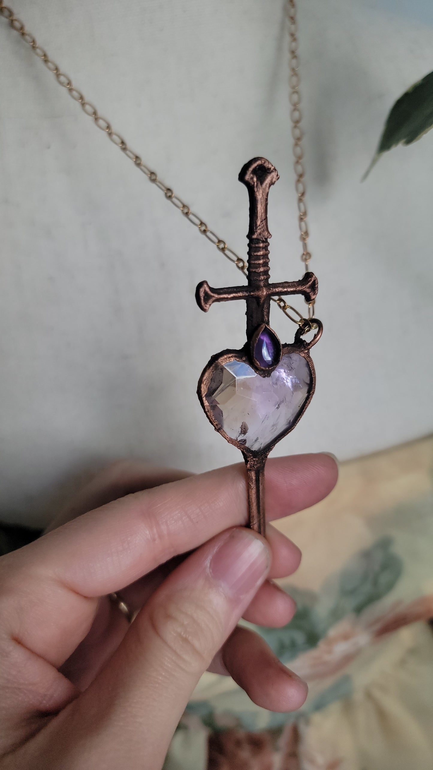 Venus Grunge: Sword Suit Faceted Heart Copper Necklace