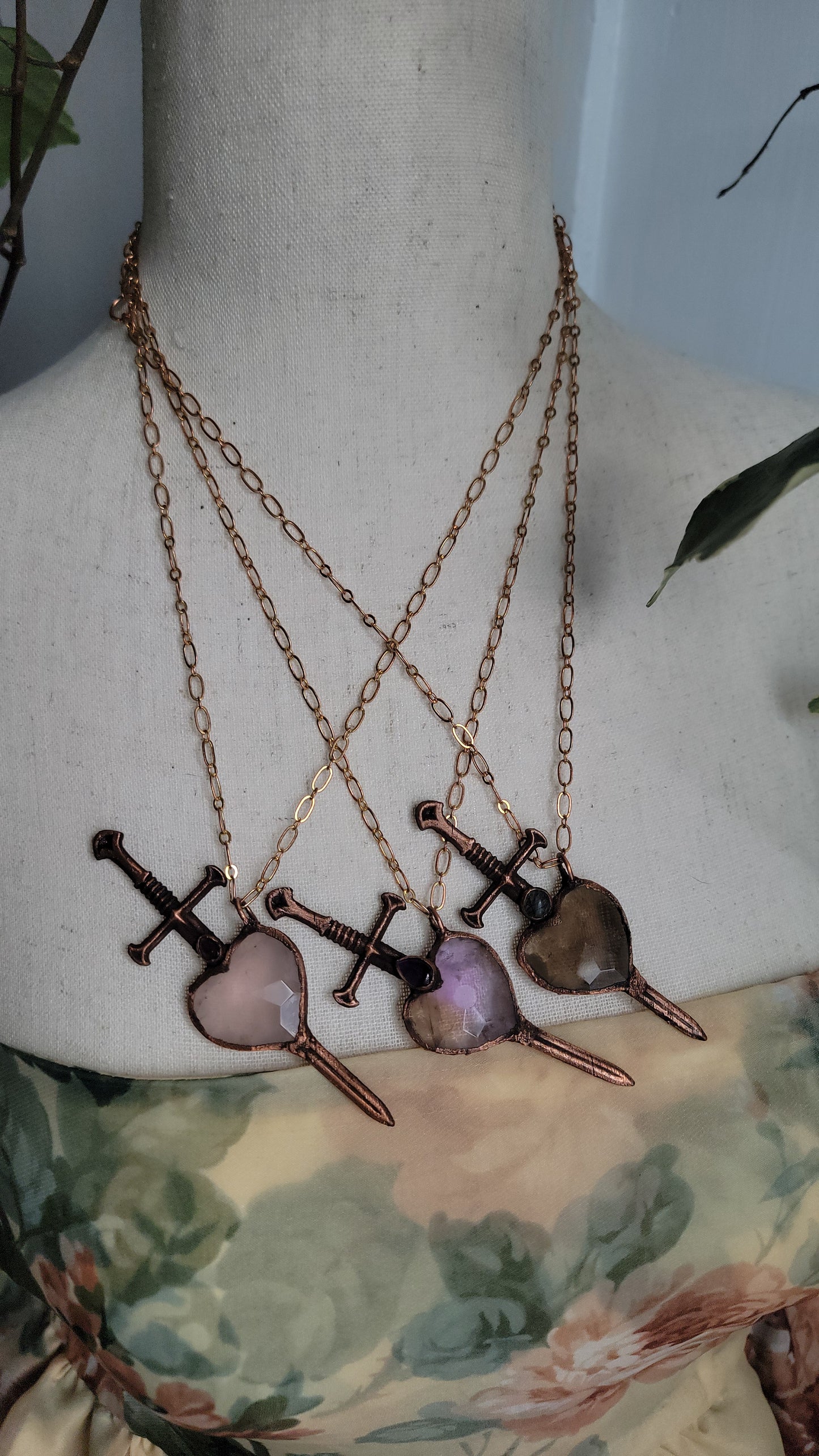 Venus Grunge: Sword Suit Faceted Heart Copper Necklace