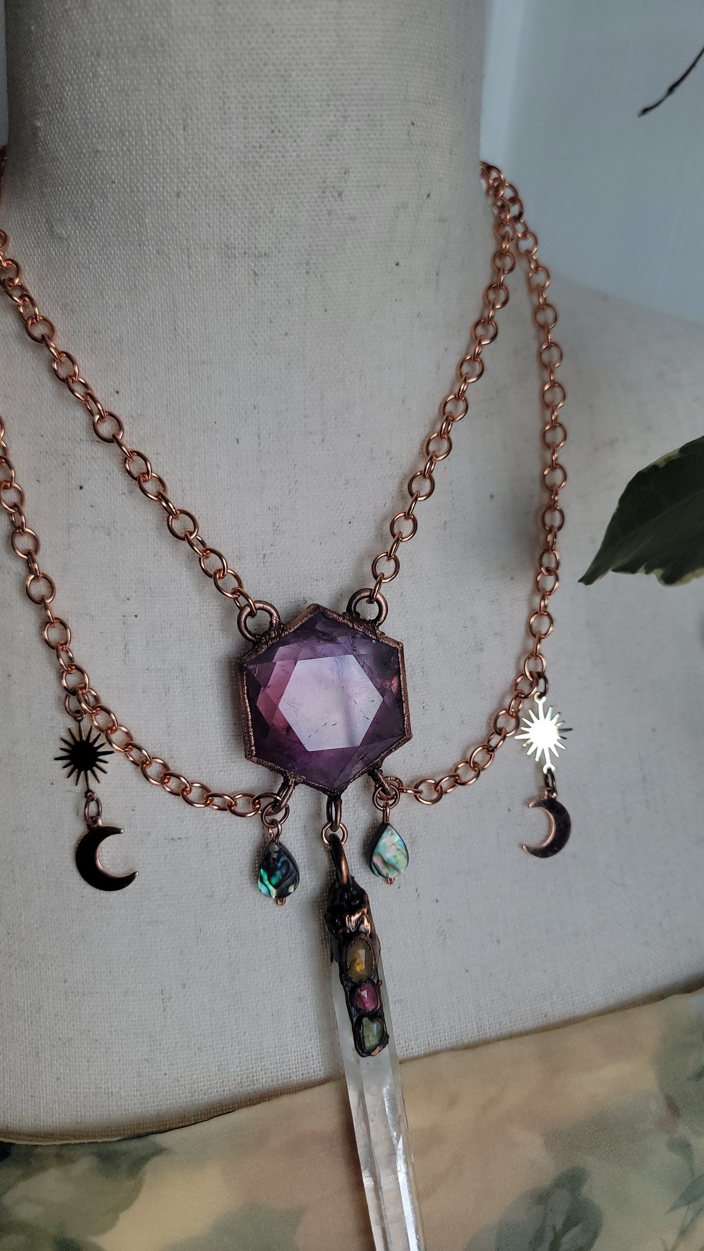 Venus Grunge: Ametrine Hexagon Copper Necklace with Colombian Quartz and Tourmaline.