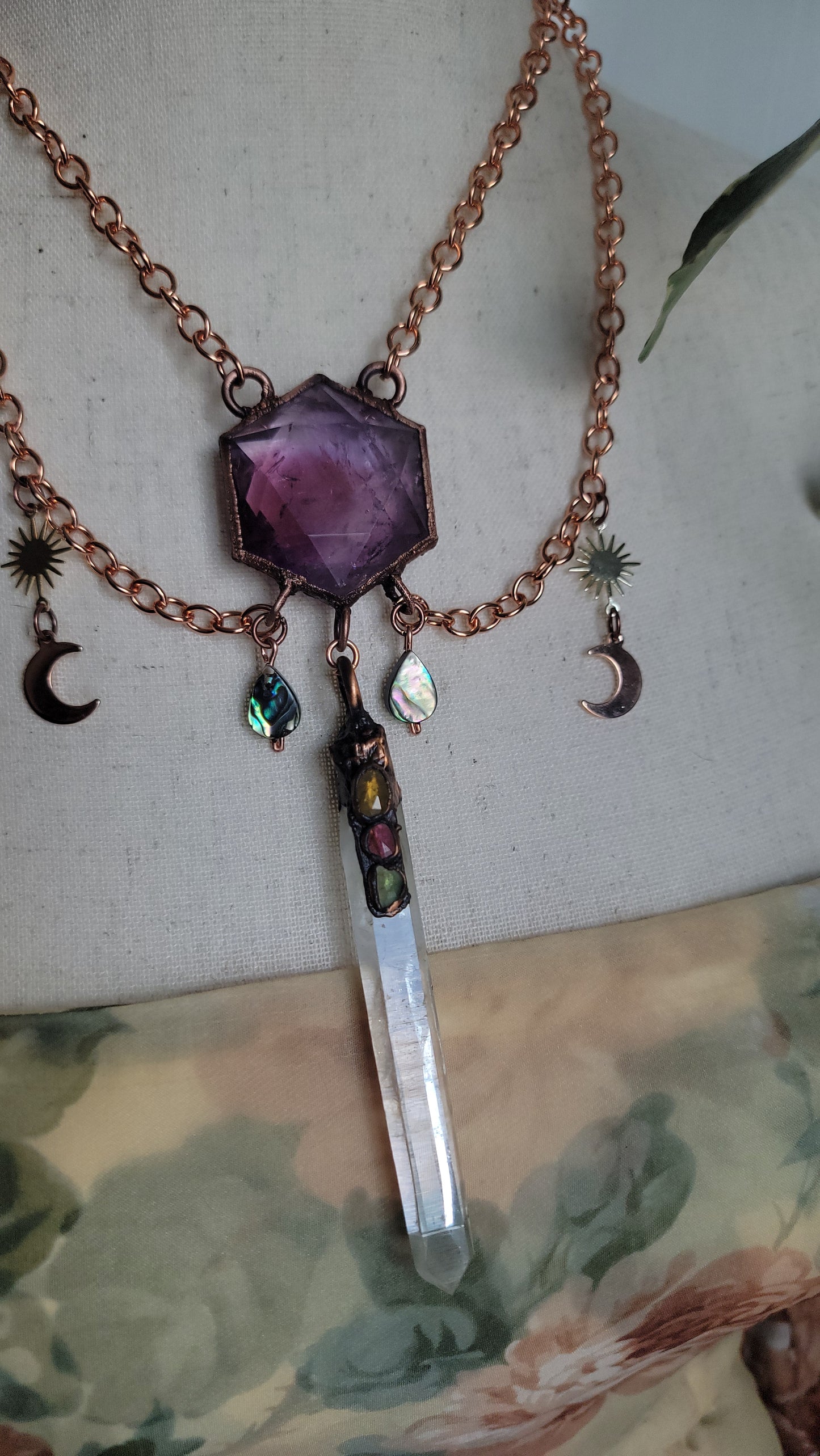 Venus Grunge: Ametrine Hexagon Copper Necklace with Colombian Quartz and Tourmaline.