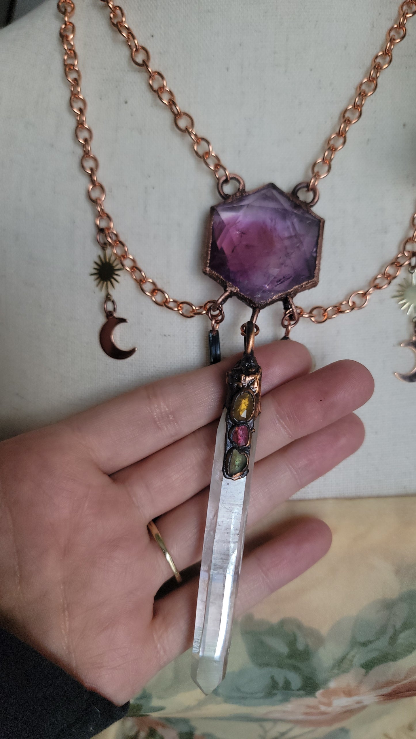 Venus Grunge: Ametrine Hexagon Copper Necklace with Colombian Quartz and Tourmaline.