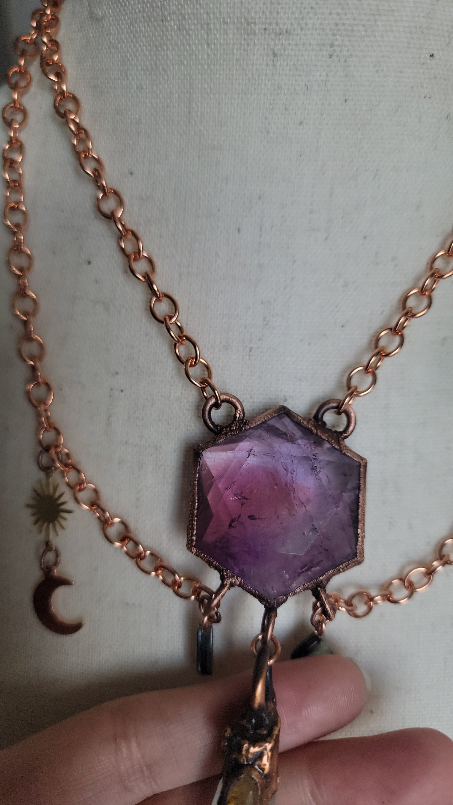 Venus Grunge: Ametrine Hexagon Copper Necklace with Colombian Quartz and Tourmaline.