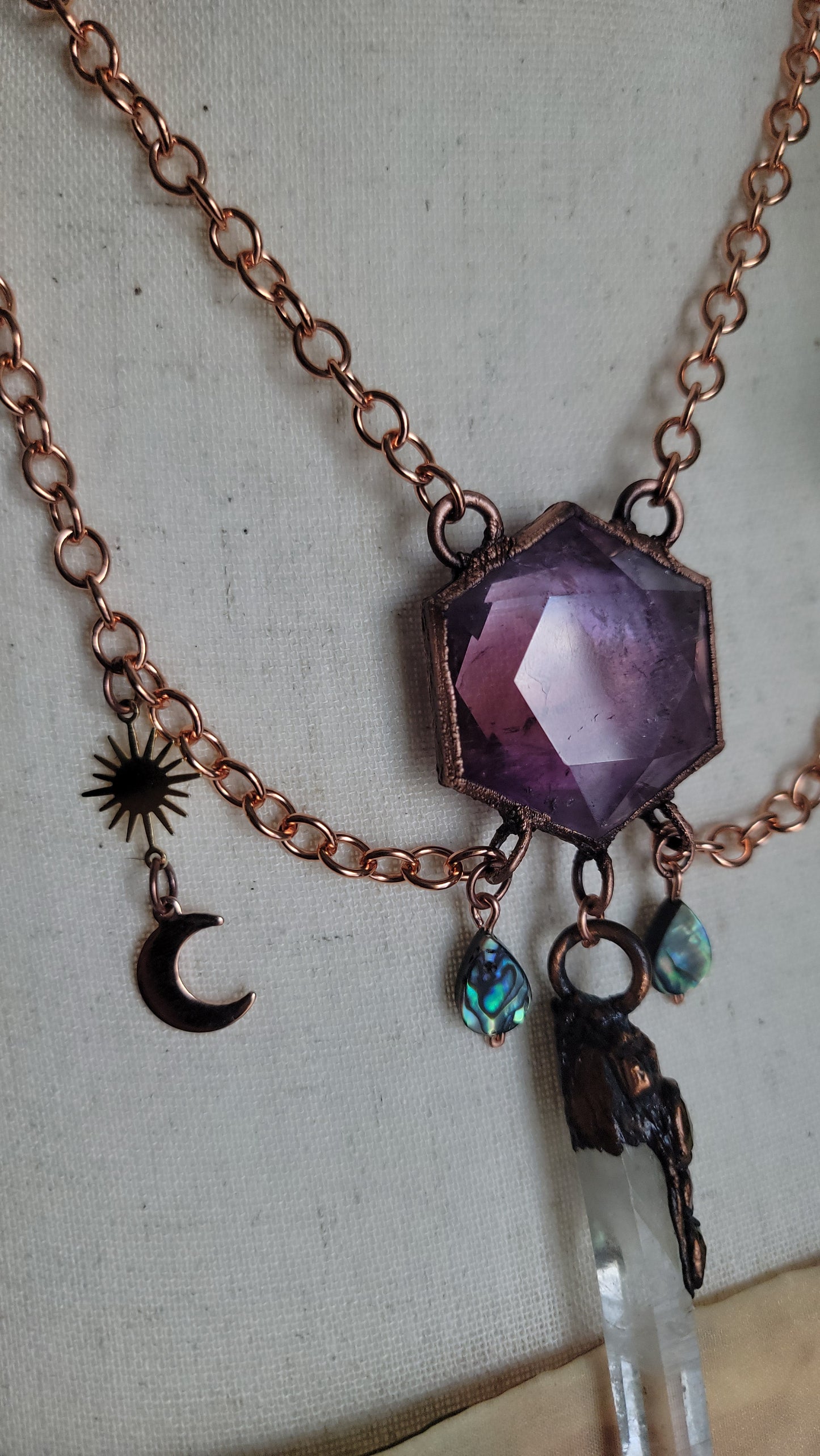 Venus Grunge: Ametrine Hexagon Copper Necklace with Colombian Quartz and Tourmaline.