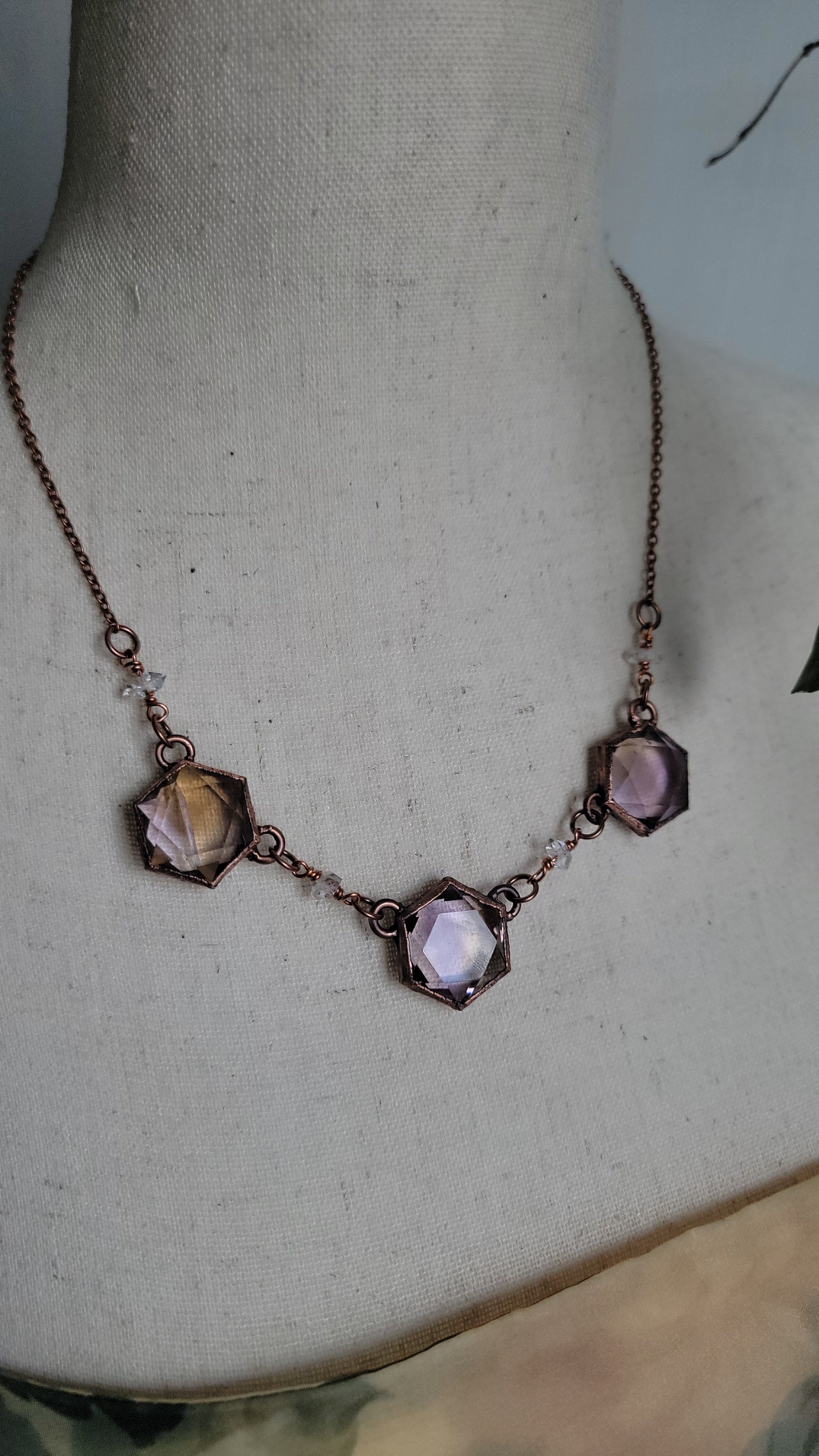 Venus Grunge: Triple Ametrine Hexagon Necklace with Herkimers No2