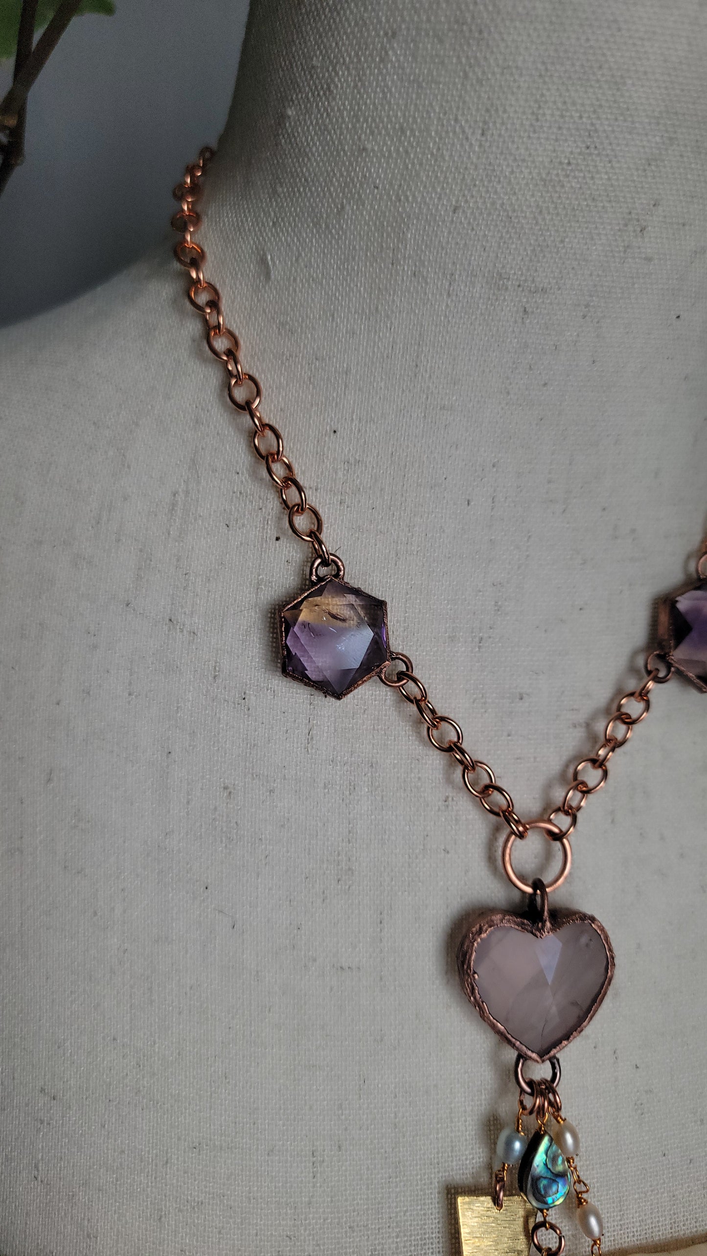 Venus Grunge: Rose Quartz Chunky Copper Necklace with Rutile and Ametrine