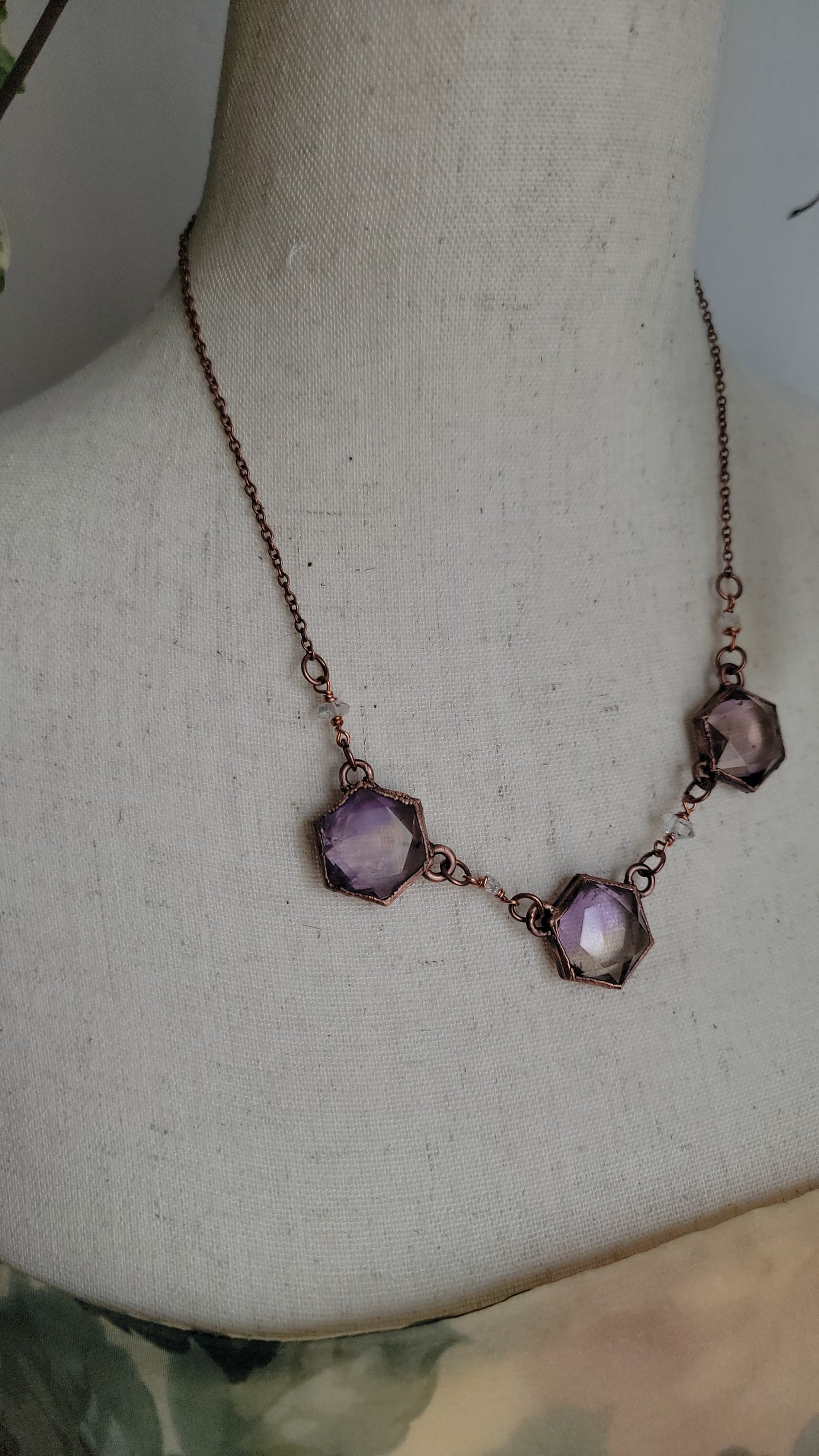 Venus Grunge: Triple Ametrine Hexagon Copper Necklace with Herkimers No1