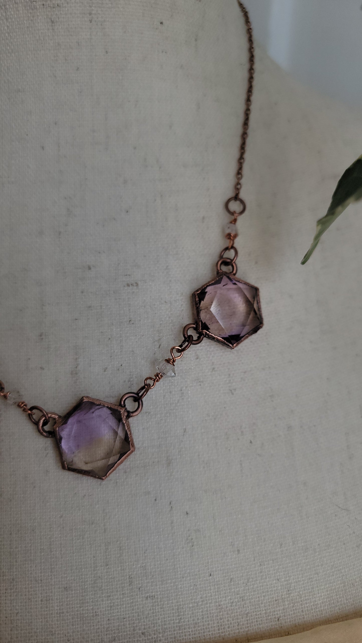 Venus Grunge: Triple Ametrine Hexagon Copper Necklace with Herkimers No1