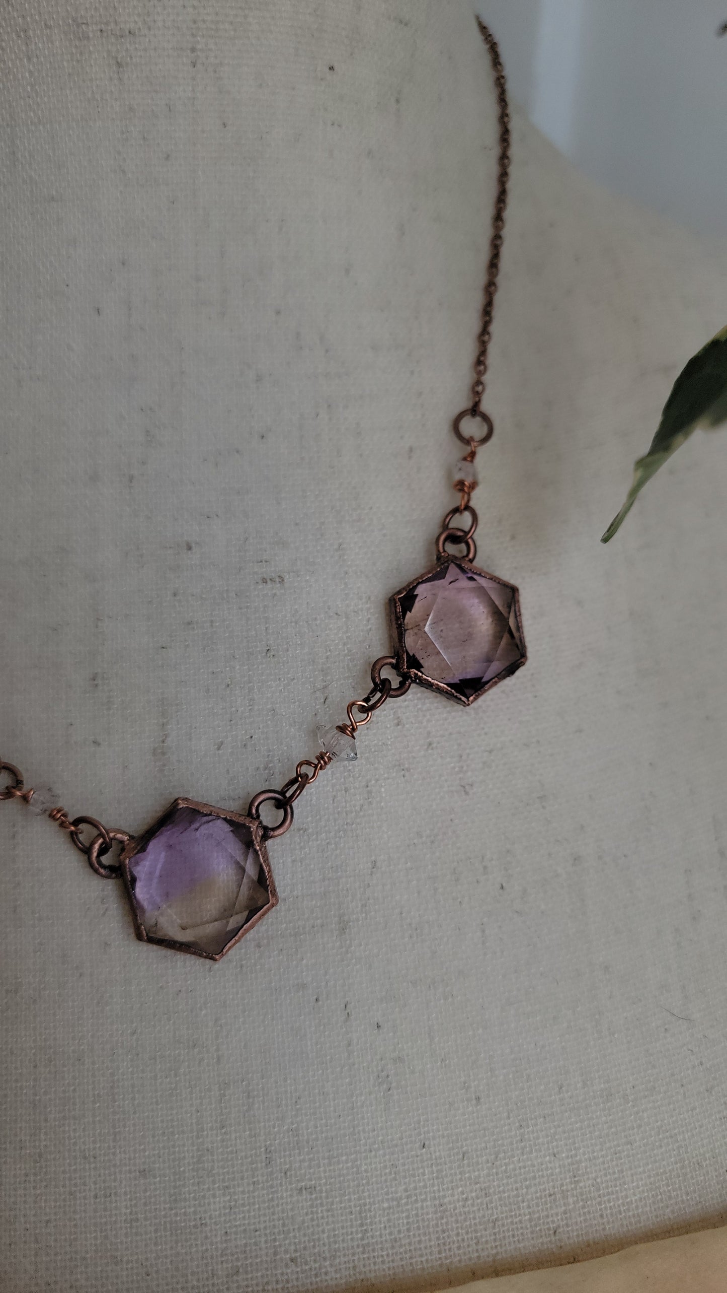 Venus Grunge: Triple Ametrine Hexagon Copper Necklace with Herkimers No1