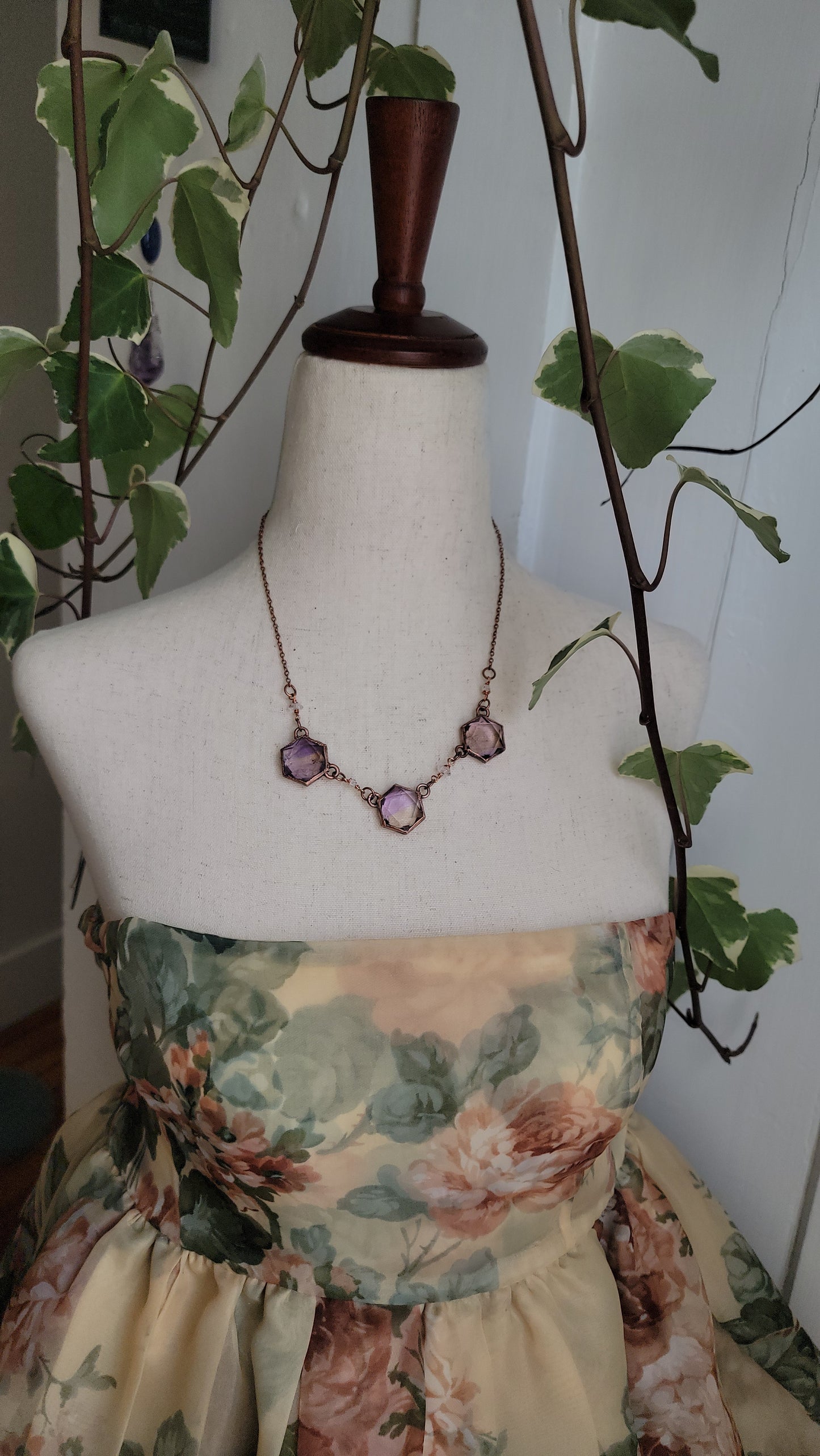 Venus Grunge: Triple Ametrine Hexagon Copper Necklace with Herkimers No1