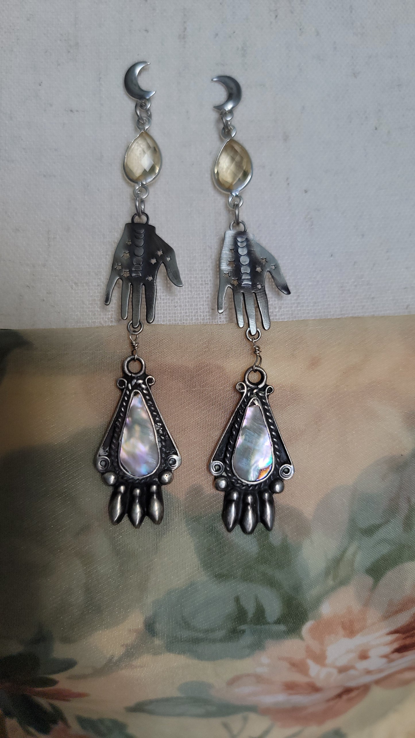 Venus Grunge:  Sterling Silver Palmistry Earrings with Citrine and Abalone