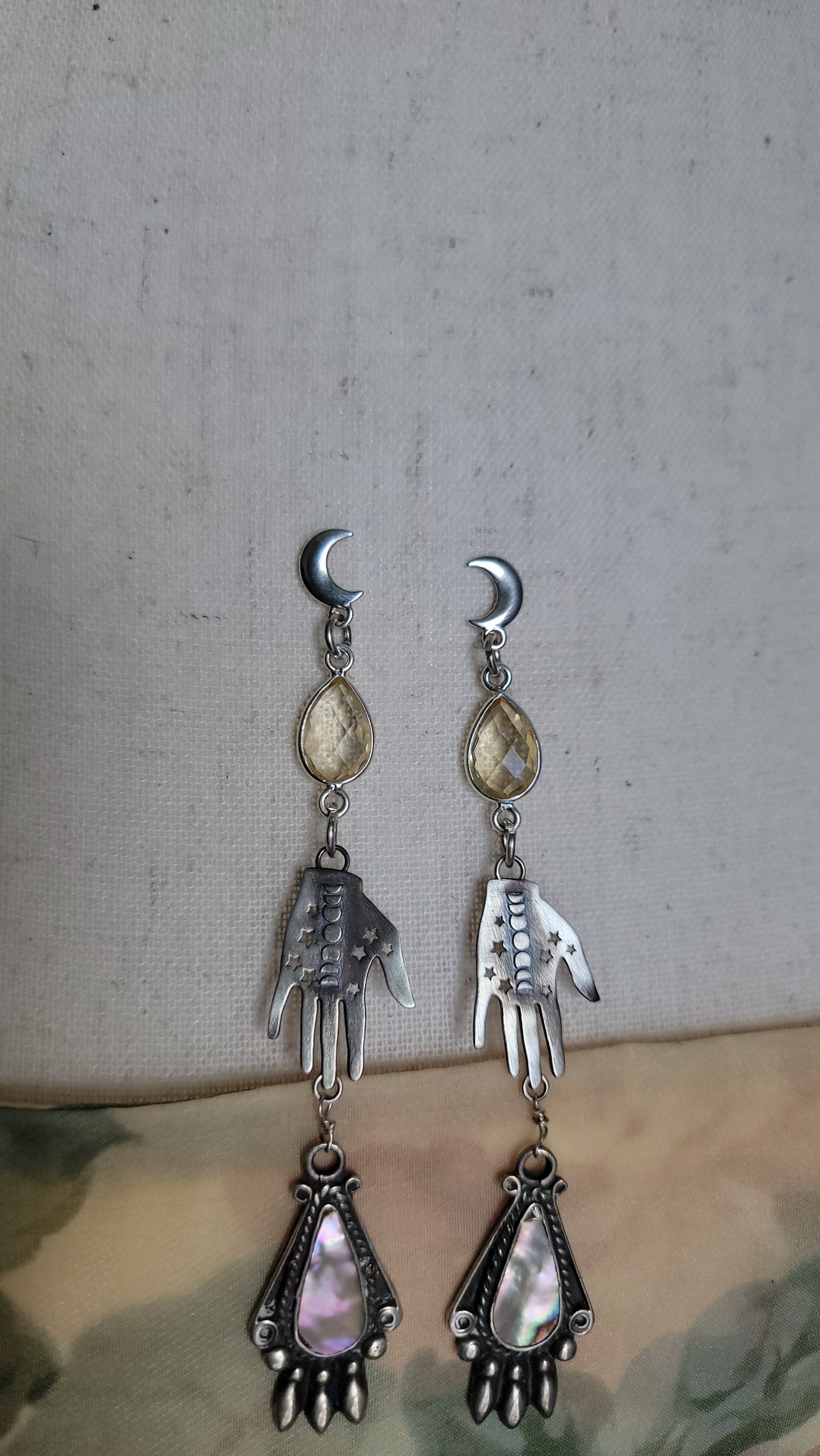 Venus Grunge:  Sterling Silver Palmistry Earrings with Citrine and Abalone