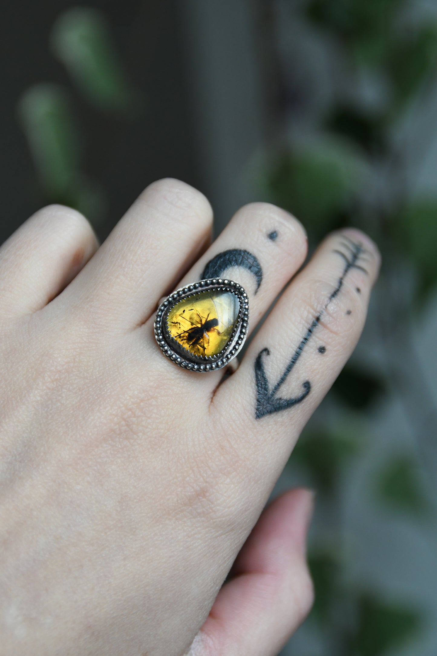 Real Insect in Amber Sterling Silver Ring Size 8US