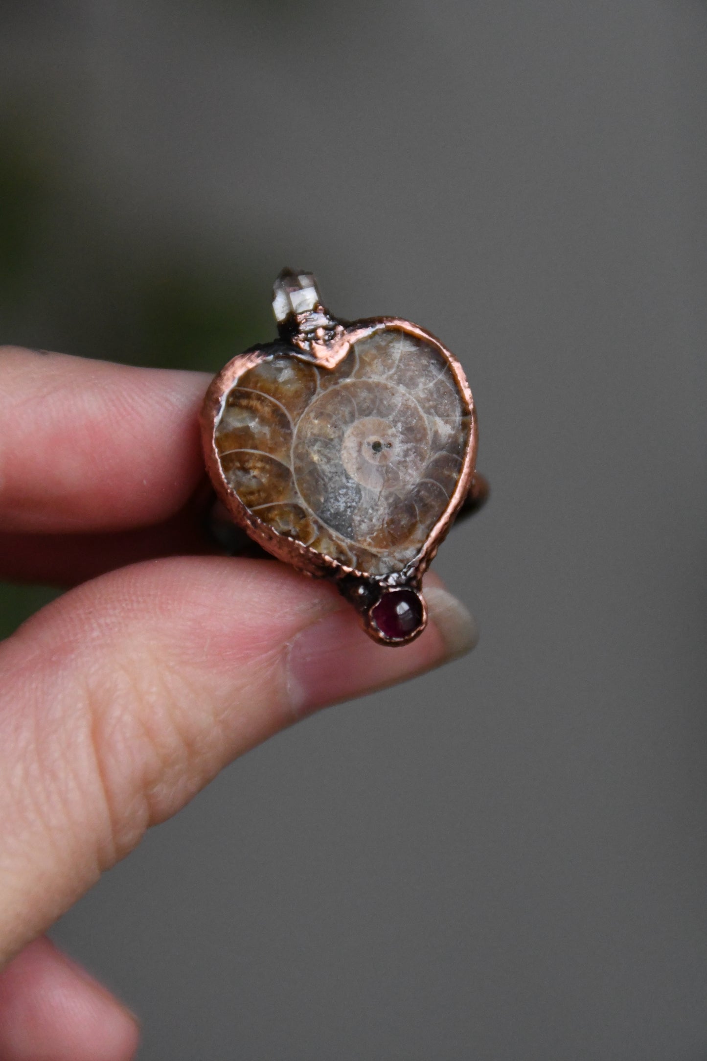 Ammonite Heart with Garnet and Herkimer Copper Ring Size 8 US