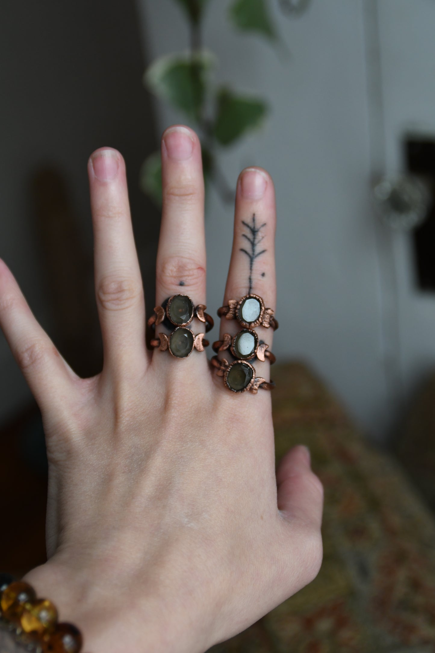 Faceted Smokey Quartz with Crescent Moons Copper Ring