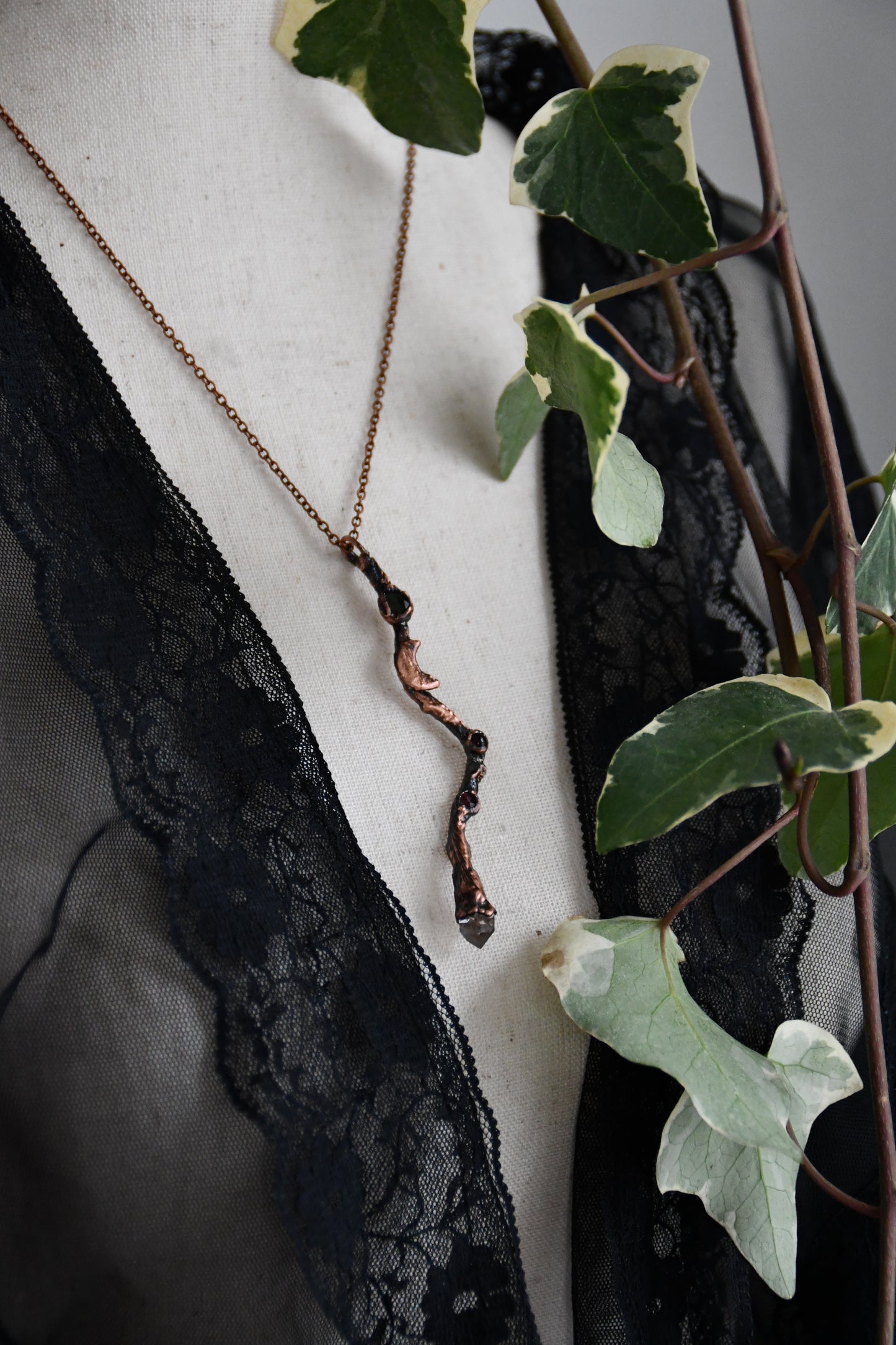 Copper Twig Wand Necklace with Herkimer and Garnet