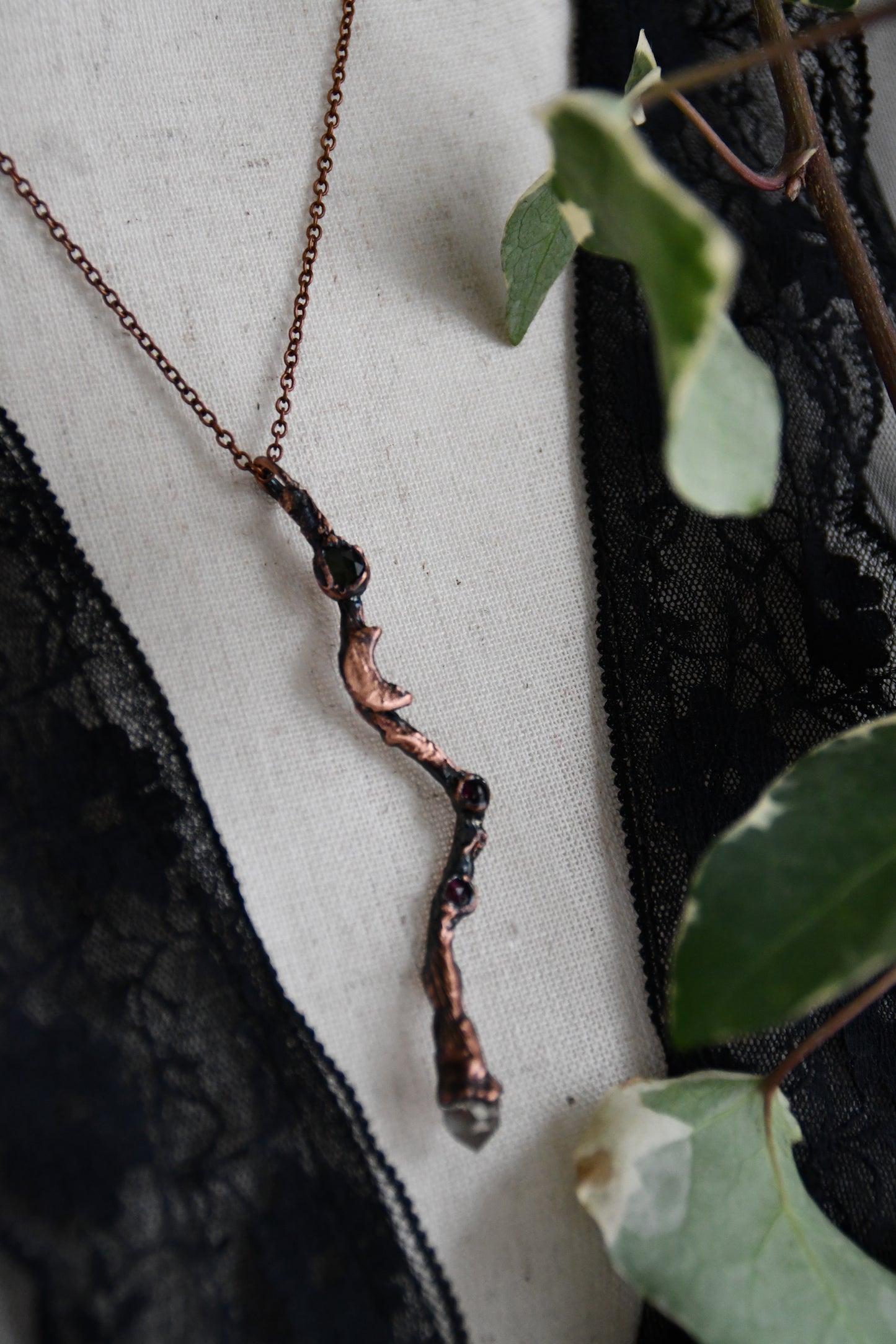 Copper Twig Wand Necklace with Herkimer and Garnet