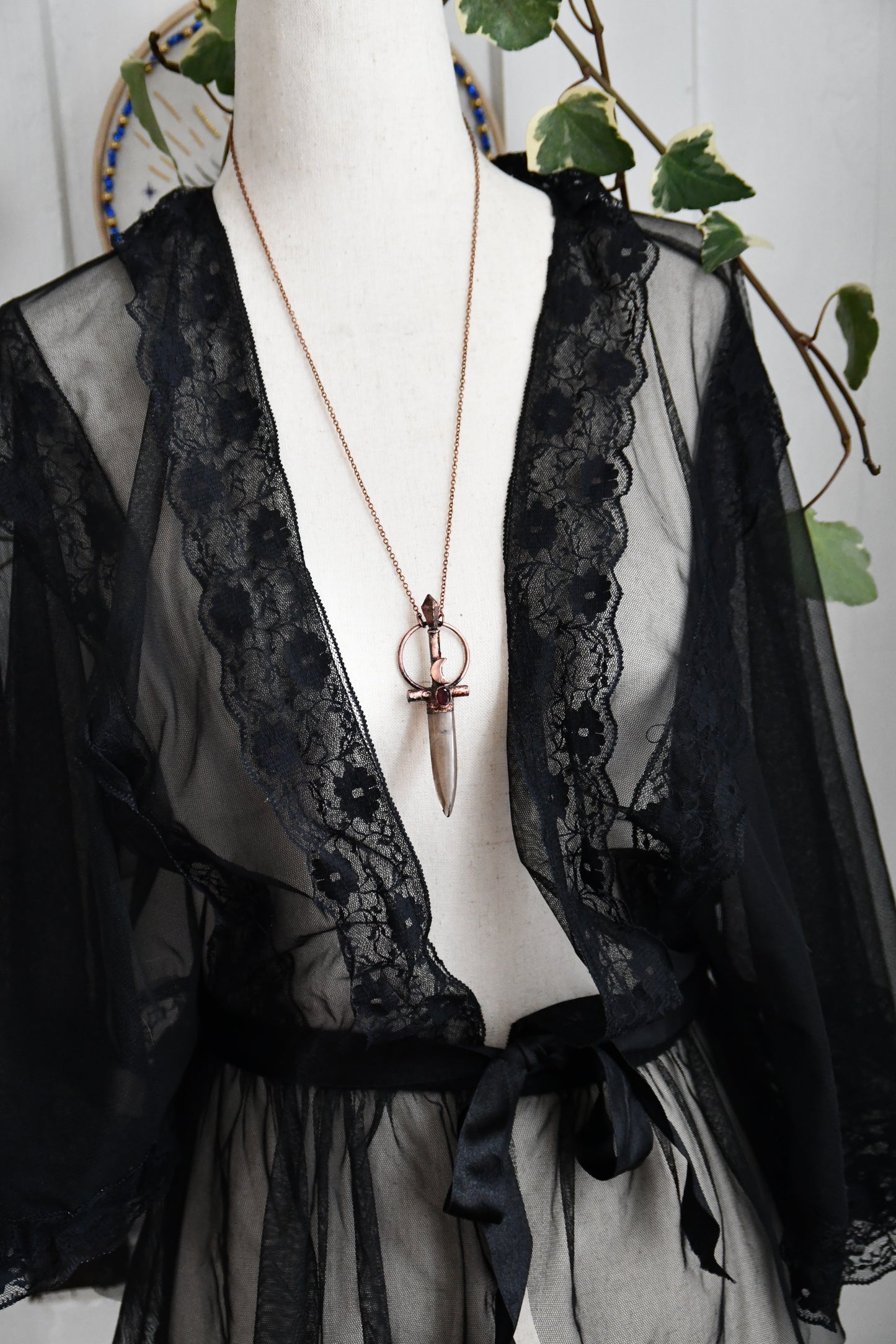 Smokey Quartz Sword Copper Necklace with Garnet