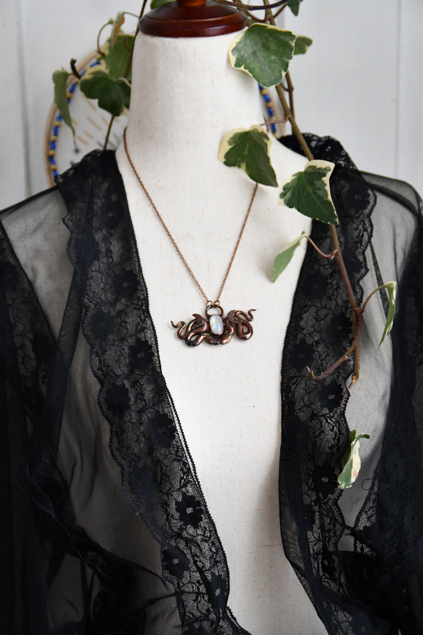 Copper Snake and Moonstone Pendant