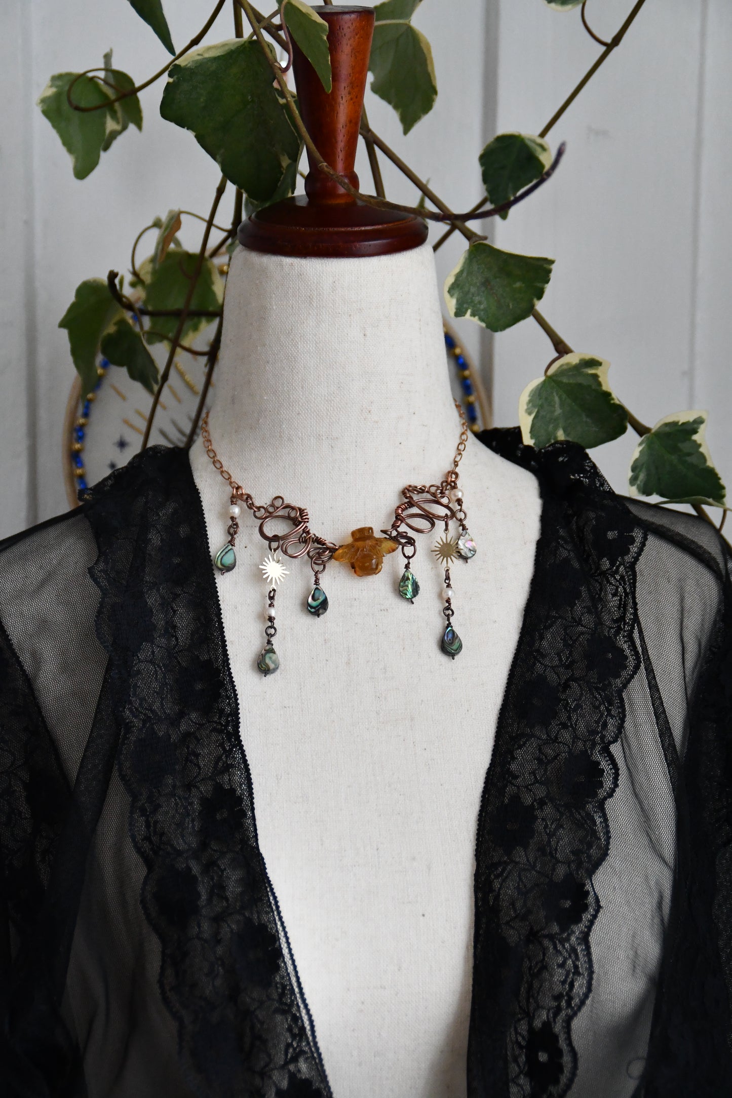 Copper Wire Wrapped Amber Bee Necklace with Fresh Water Pearls and Abalone