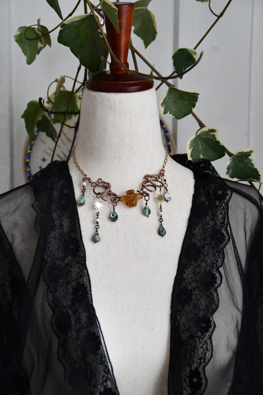 Copper Wire Wrapped Amber Bee Necklace with Fresh Water Pearls and Abalone