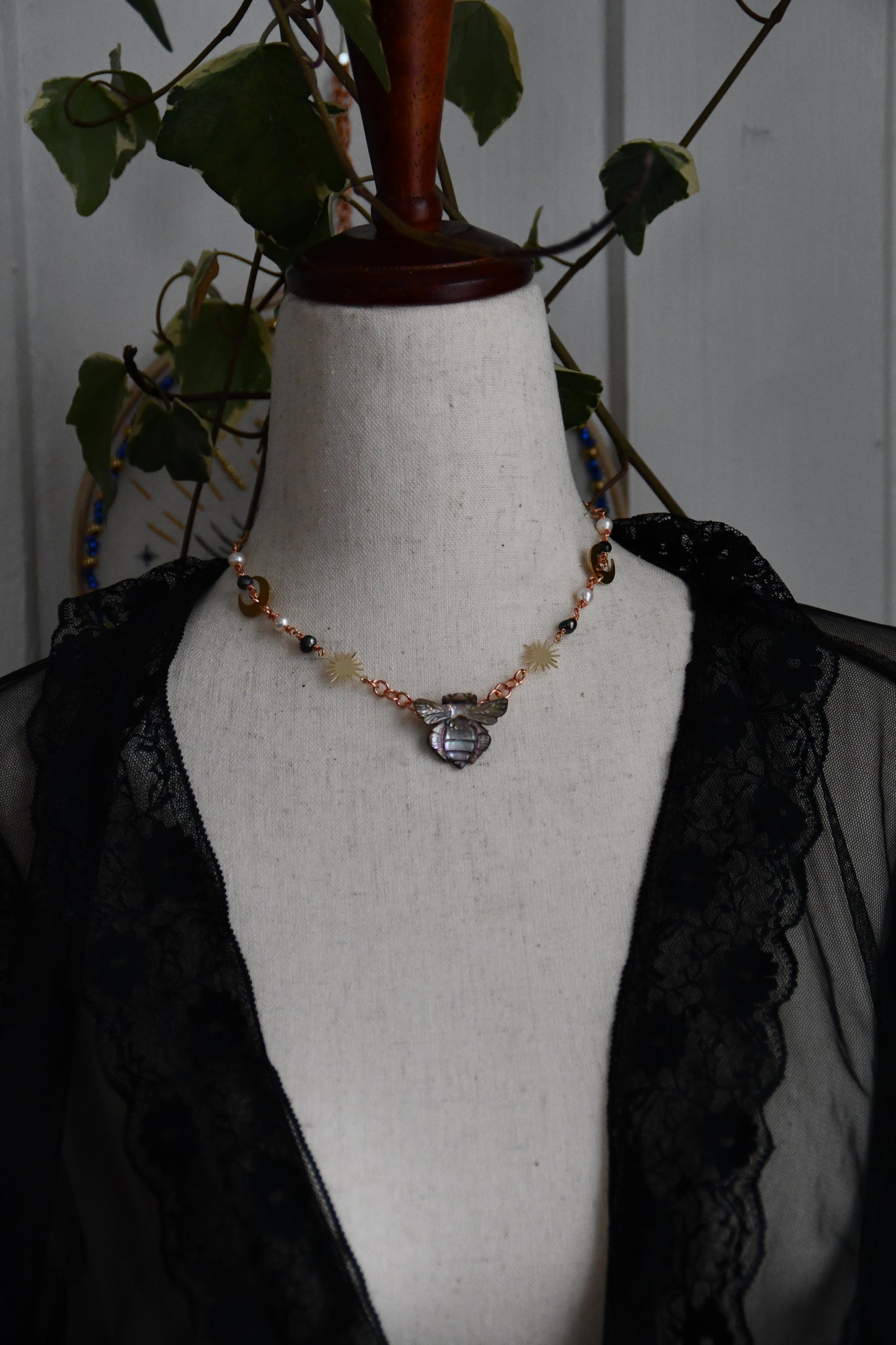 Abalone Bee Copper and Brass Choker Necklace with Fresh Water Pearls