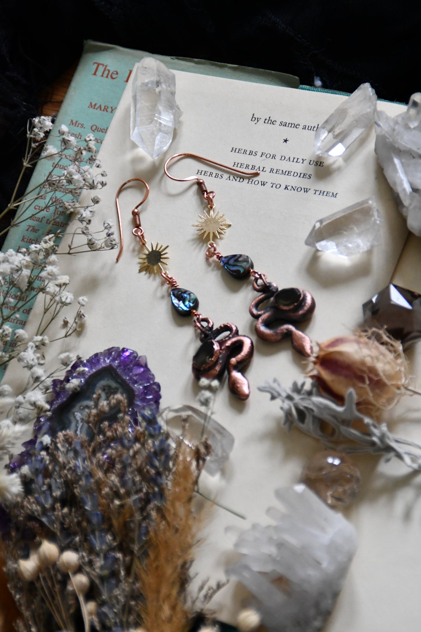 Copper Snake with Smokey Quartz and Abalone Earrings