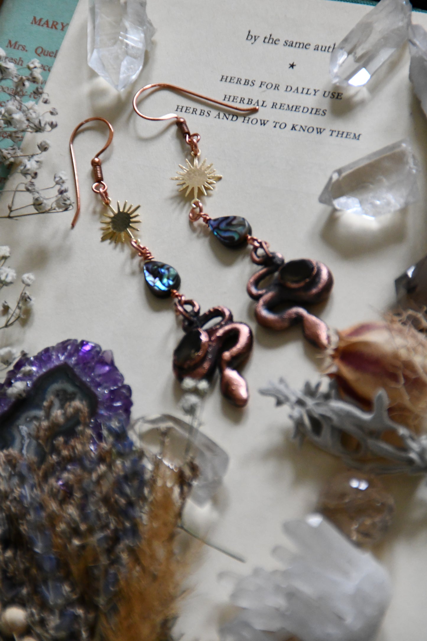 Copper Snake with Smokey Quartz and Abalone Earrings