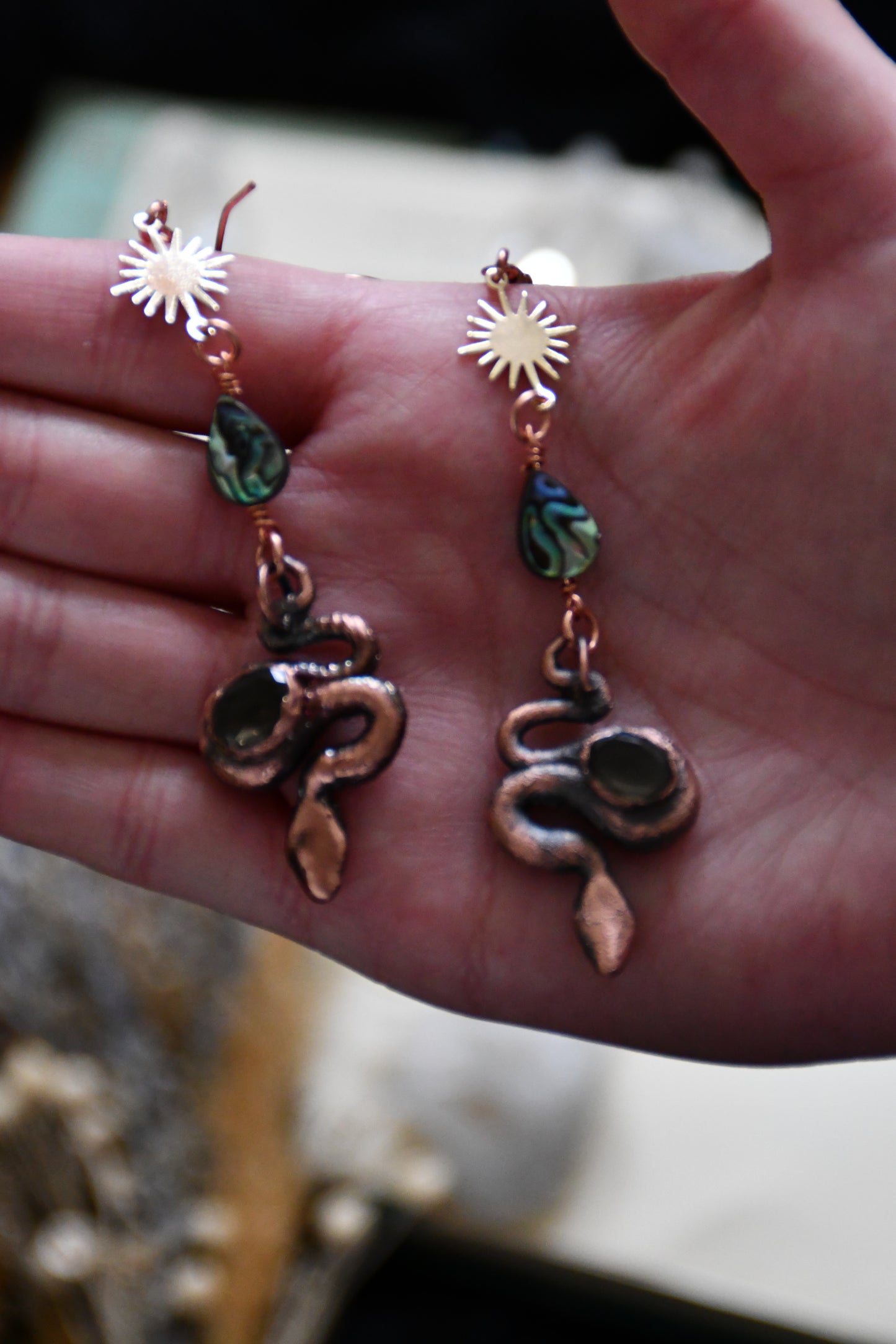 Copper Snake with Smokey Quartz and Abalone Earrings