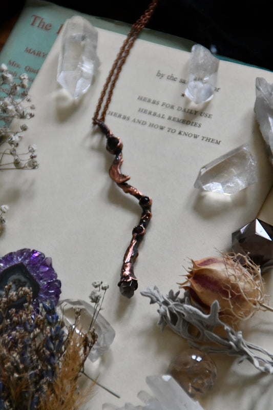 Copper Twig Wand Necklace with Herkimer and Garnet
