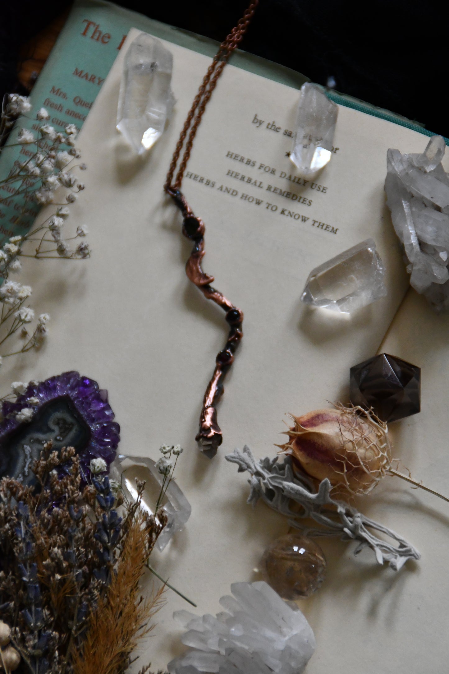 Copper Twig Wand Necklace with Herkimer and Garnet