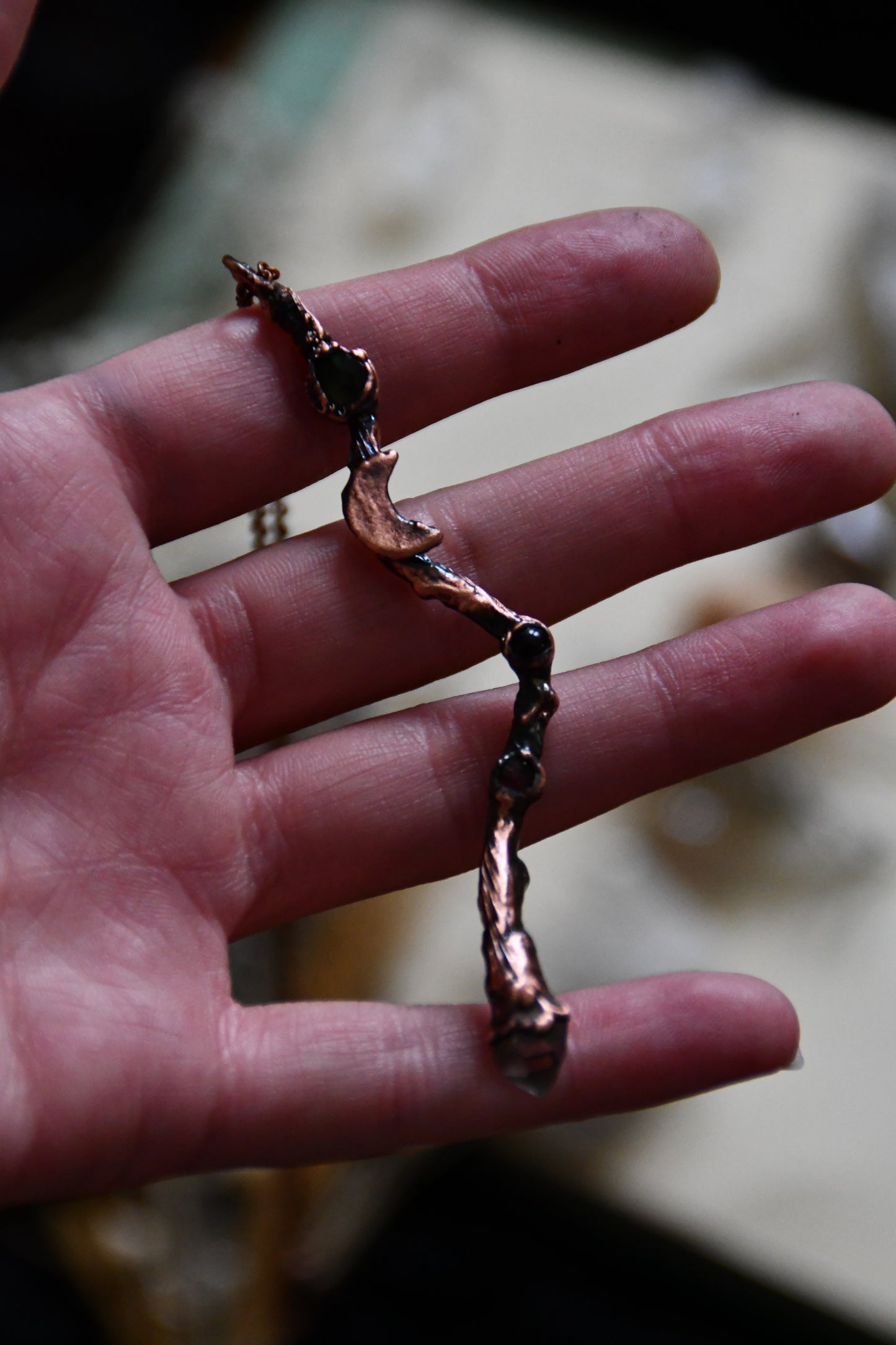 Copper Twig Wand Necklace with Herkimer and Garnet