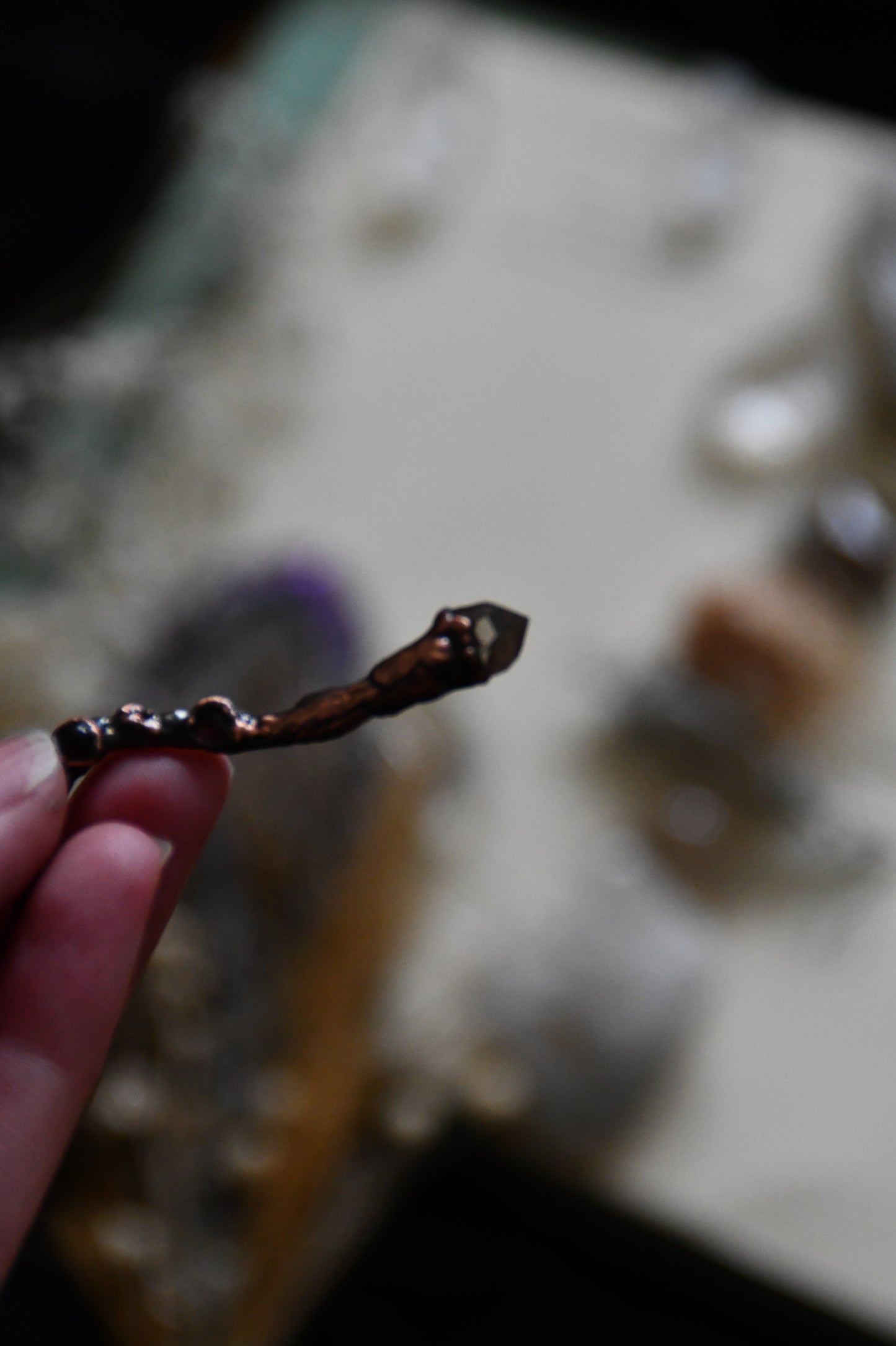 Copper Twig Wand Necklace with Herkimer and Garnet