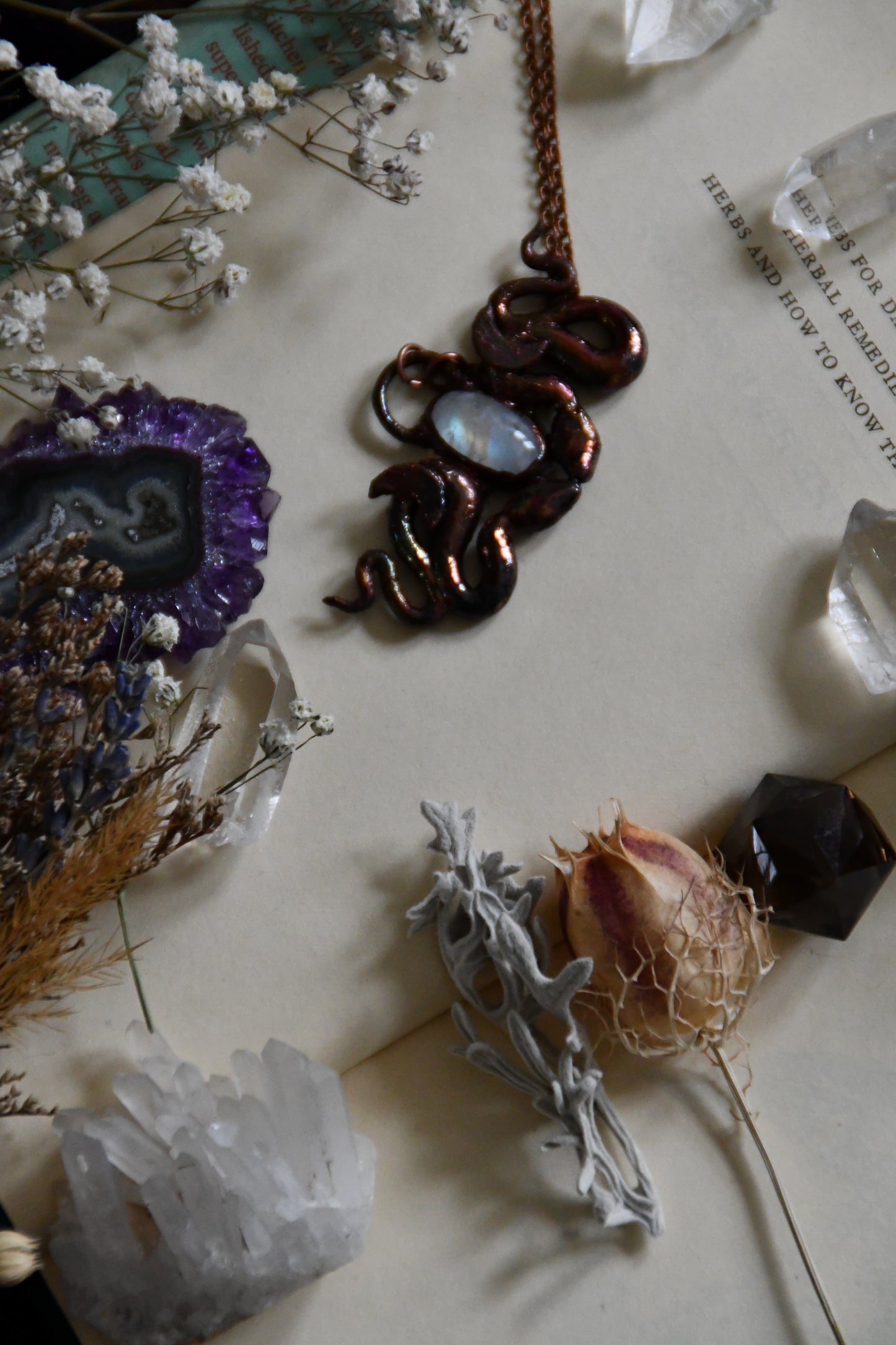 Copper Snake and Moonstone Pendant