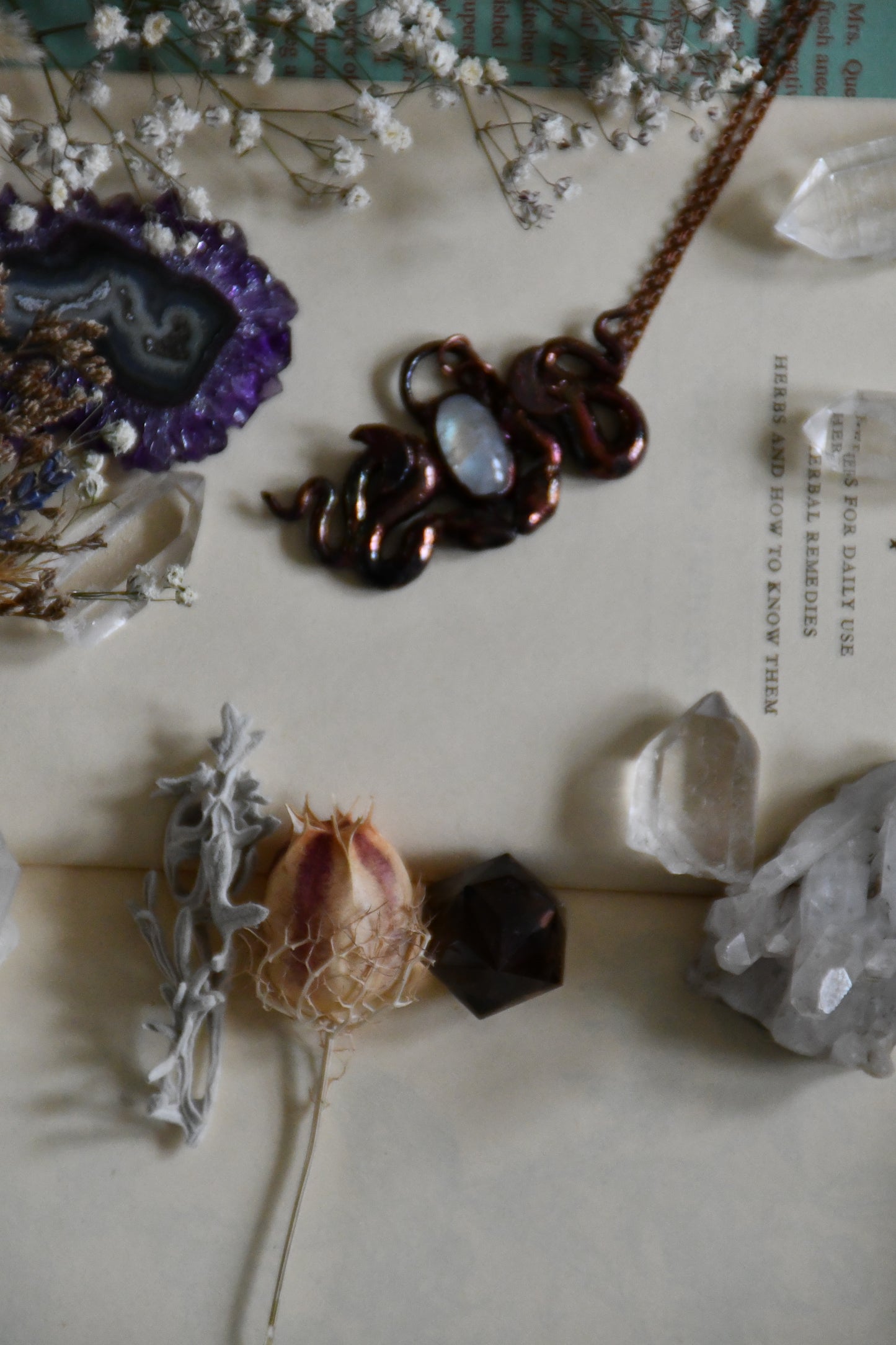 Copper Snake and Moonstone Pendant